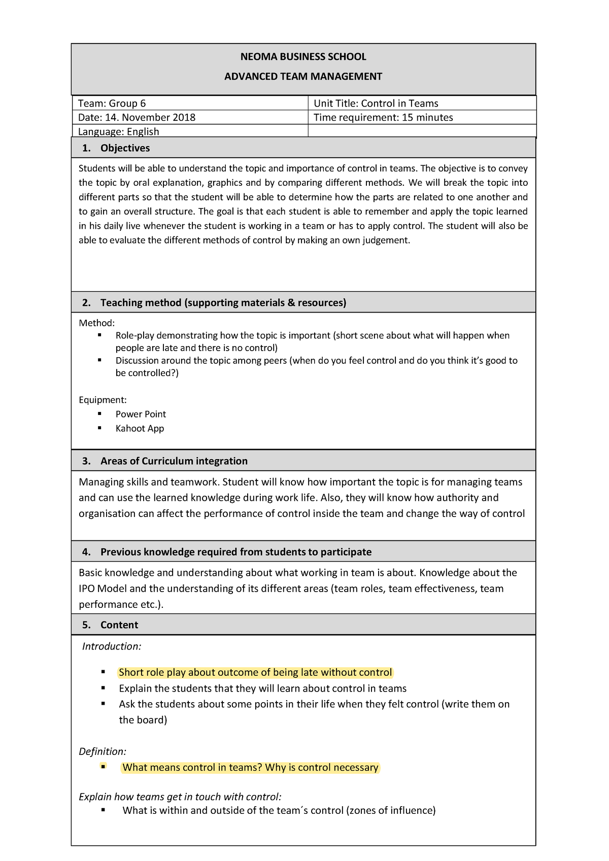 02 Example of Lesson Plan - Team: Group 6 Unit Title: Control in Teams ...