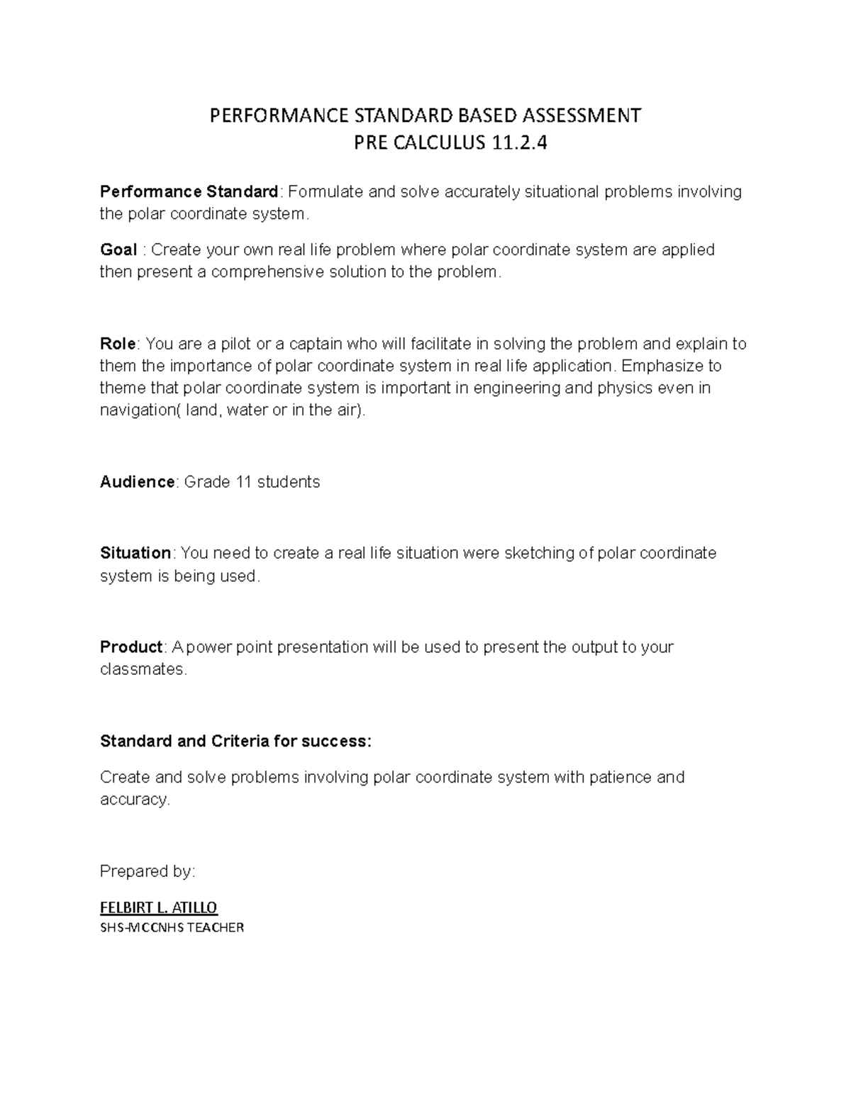 PreCalculus 11 PETA PERFORMANCE STANDARD BASED ASSESSMENT PRE