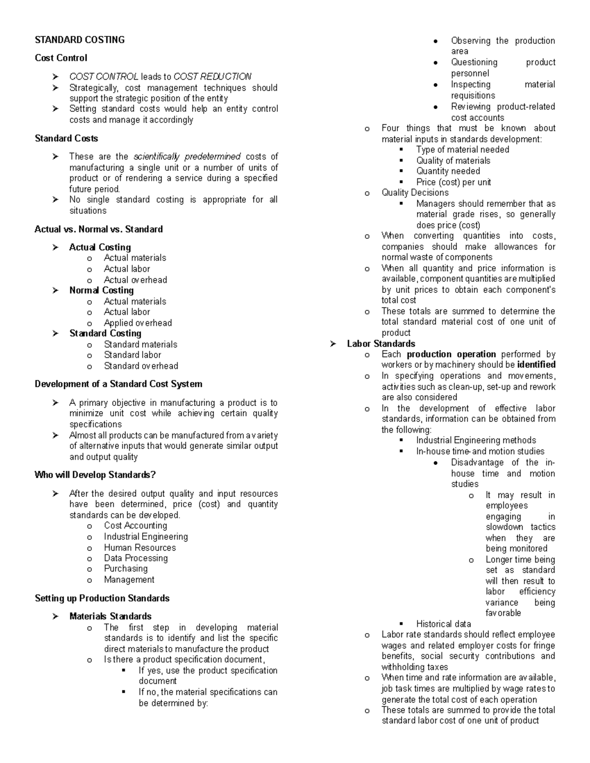 Standard- Costing - Notes - STANDARD COSTING Cost Control COST CONTROL ...