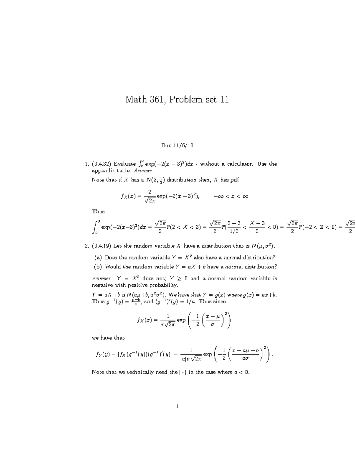 Assn11-solns - Math 361, Problem set 11 Due 11/6/ (3.4) Evaluate R 3 2 ...