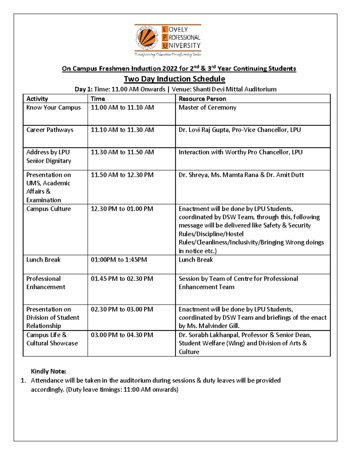 Induction Schedule 5 On Campus Freshmen Induction 2022 for 2nd & 3rd