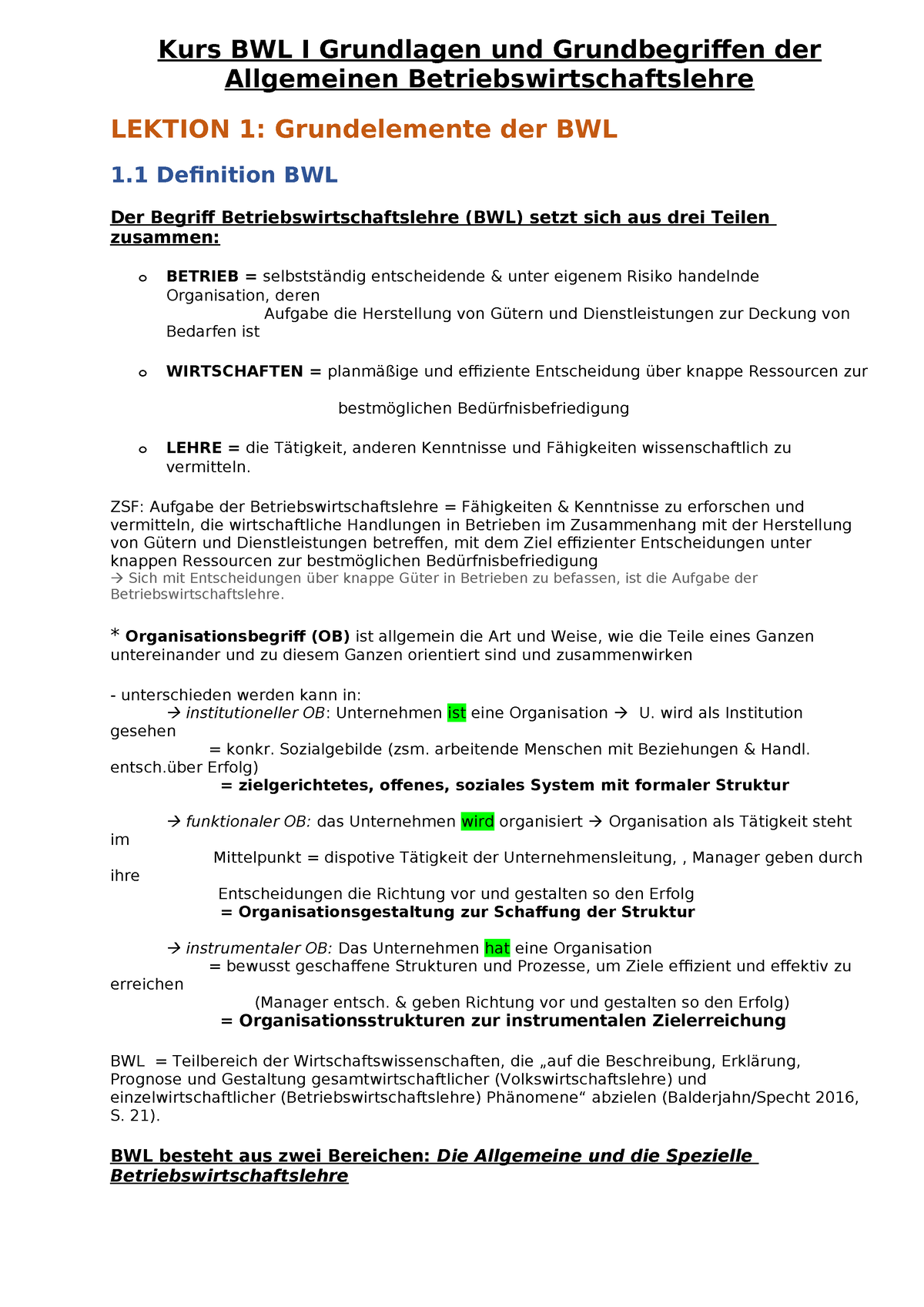 ZSF BWL 1 - Summary Grundlagen Der Betriebswirtschaftslehre - Kurs BWL ...