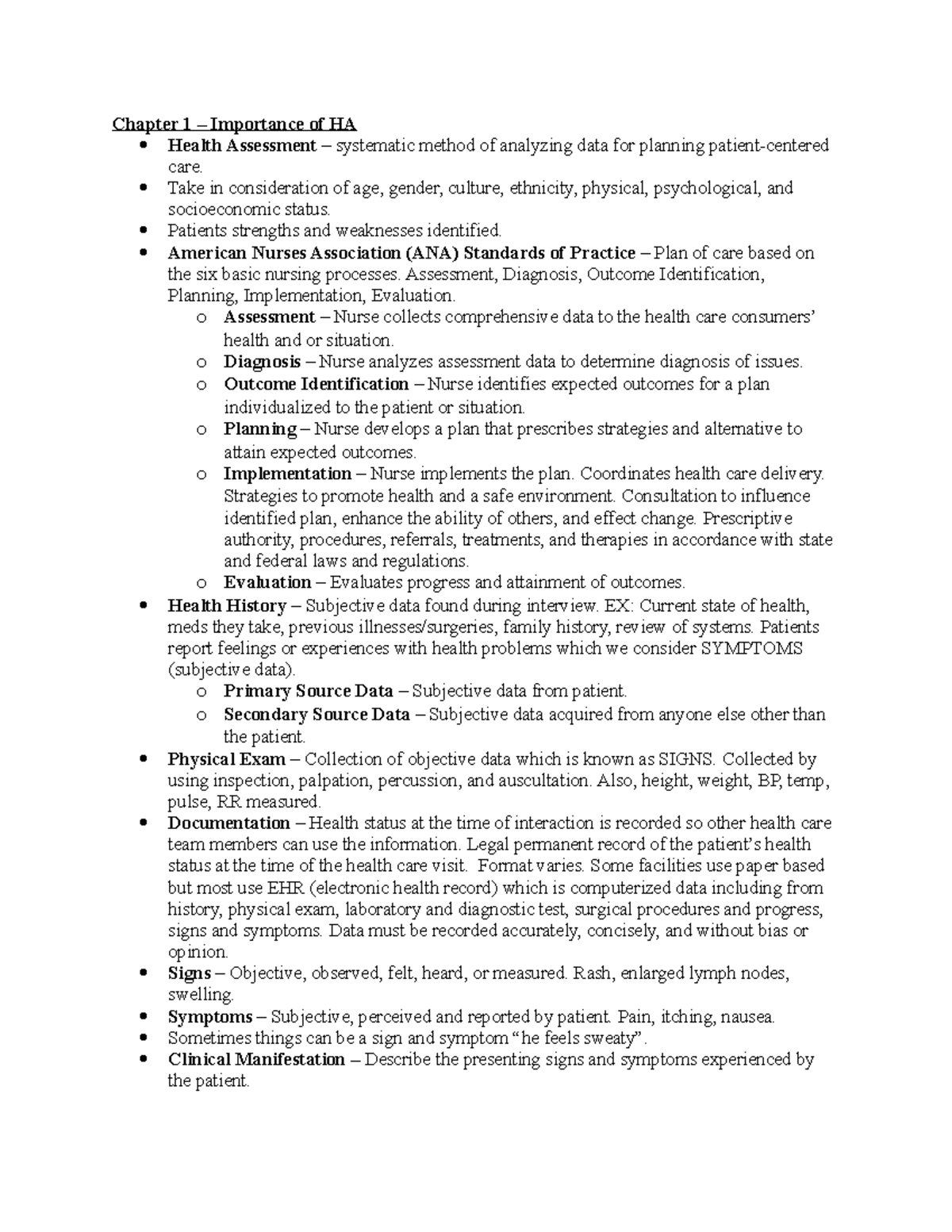 Health Assessment Book Notes 1-6,9 Test 1 - Chapter 1 – Importance Of ...