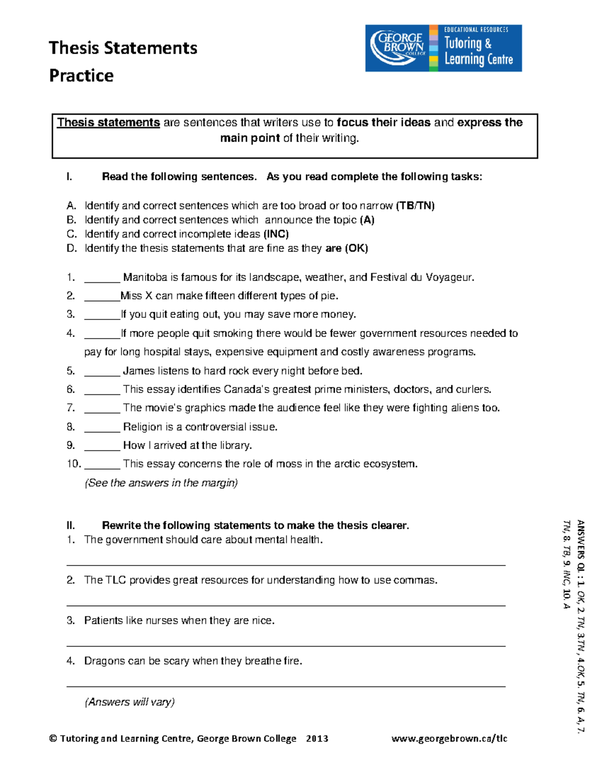 Thesis statements-Practice - Thesis Statements Practice © Tutoring and ...
