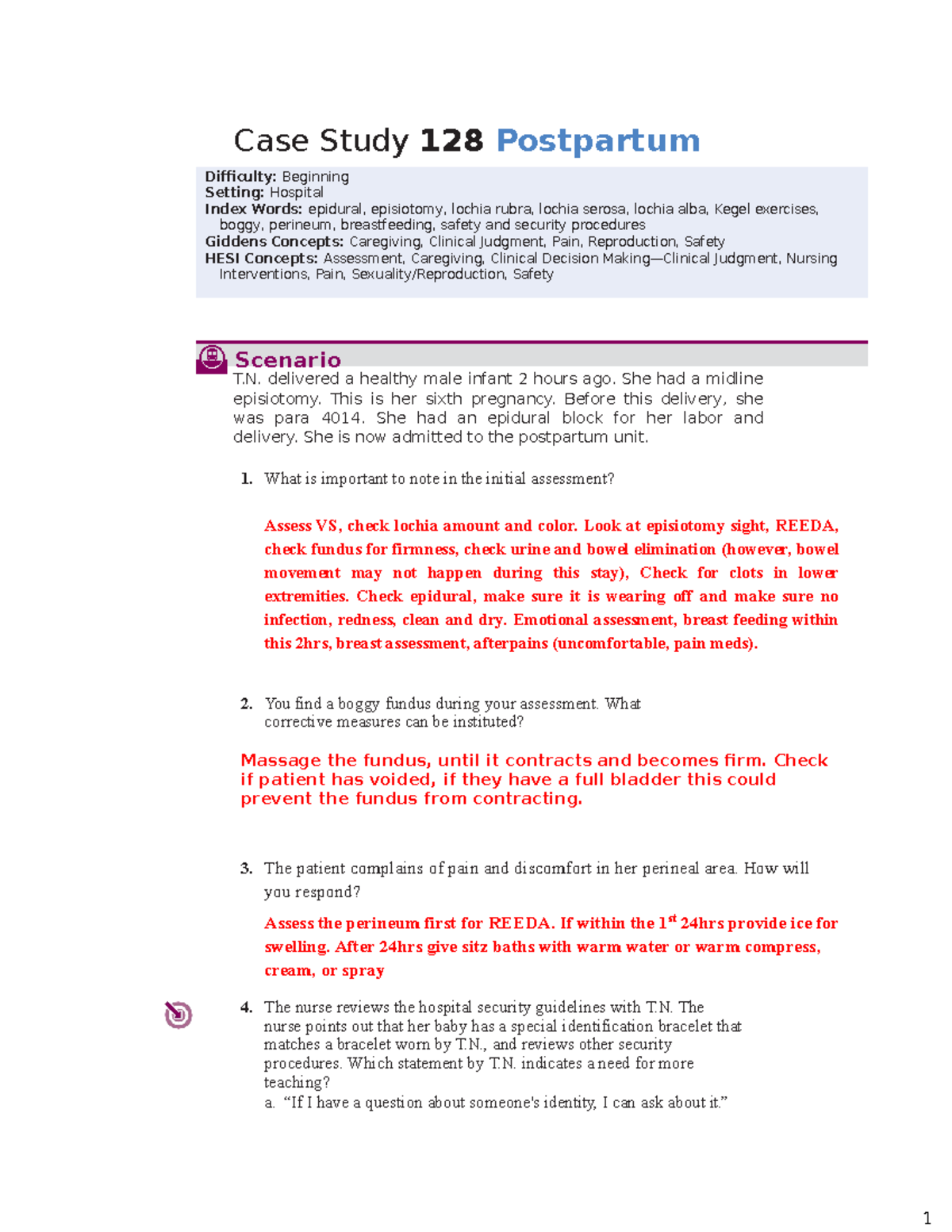 Postpartum Case Study - Lecture - Scenario Case Study 128 Postpartum T ...