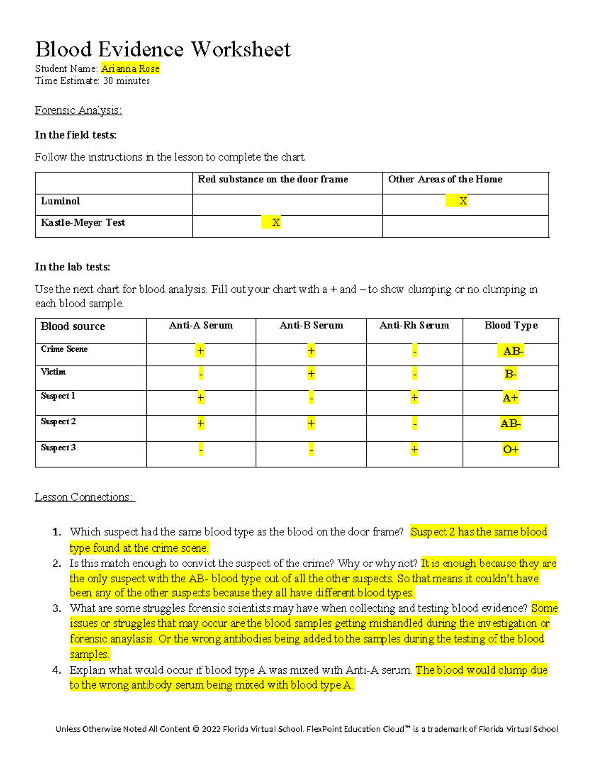Bloodtypingworksheet Blood Evidence Worksheet Student Name Arianna