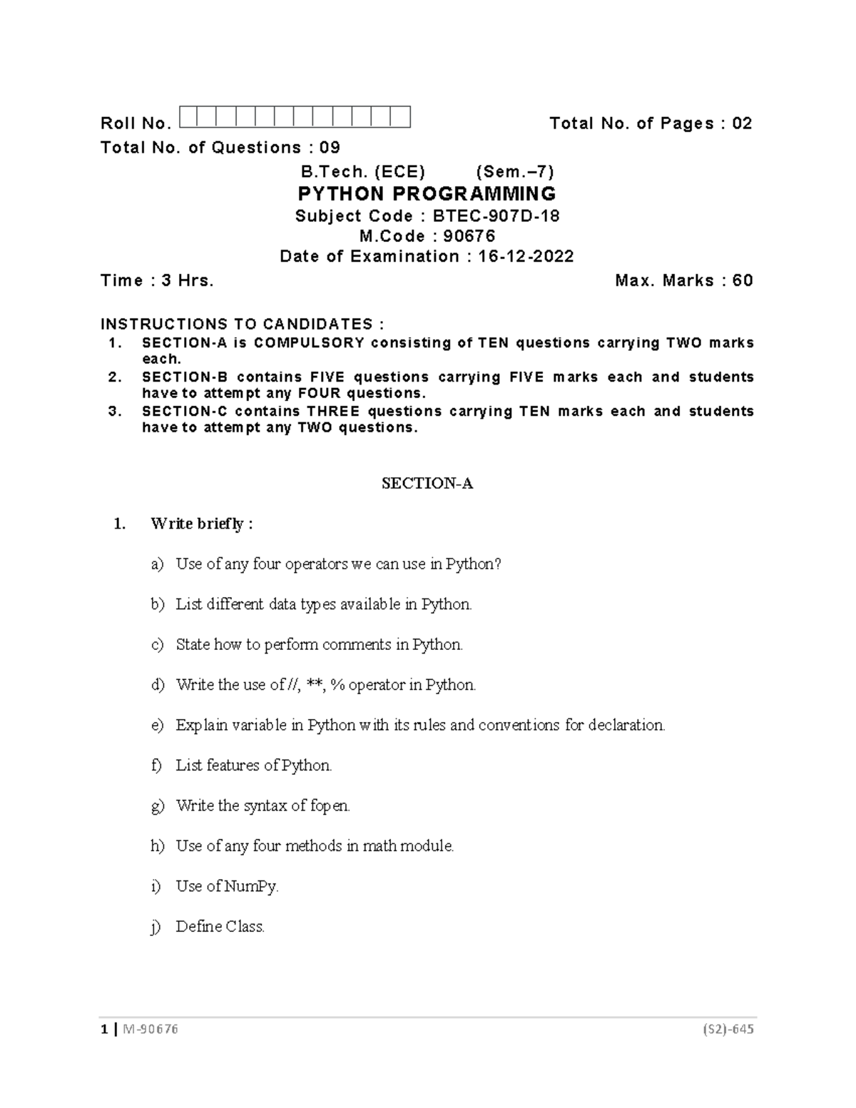 Btech ece 7 sem python programming 90676 dec 2022 - 1 | M-90676 (S2 ...