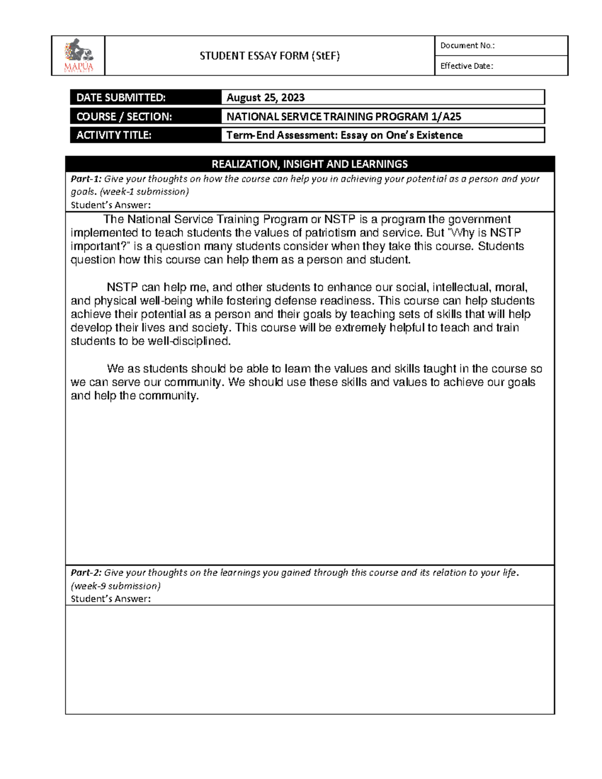 Form - NSTP100 Term-End Assessment - Essay on One's Existence - STUDENT ...