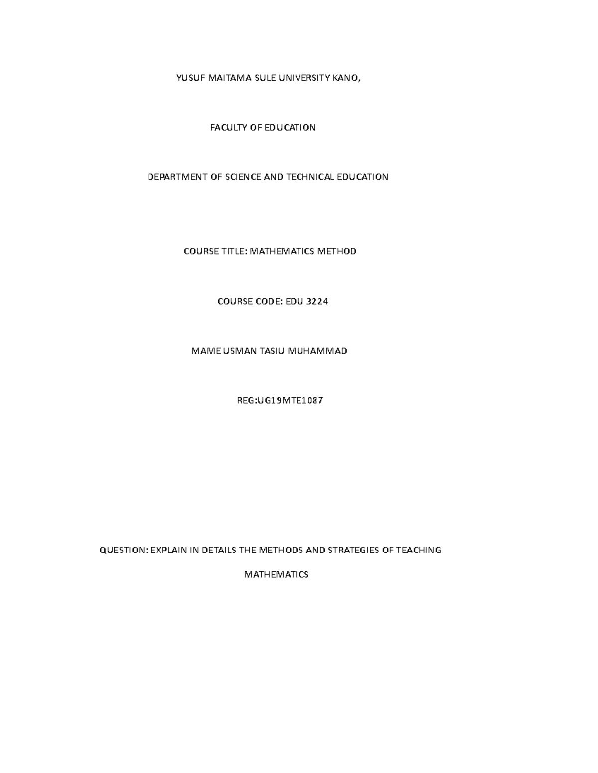 Mathematical Methods 111111 YUSUF MAITAMA SULE UNIVERSITY KANO