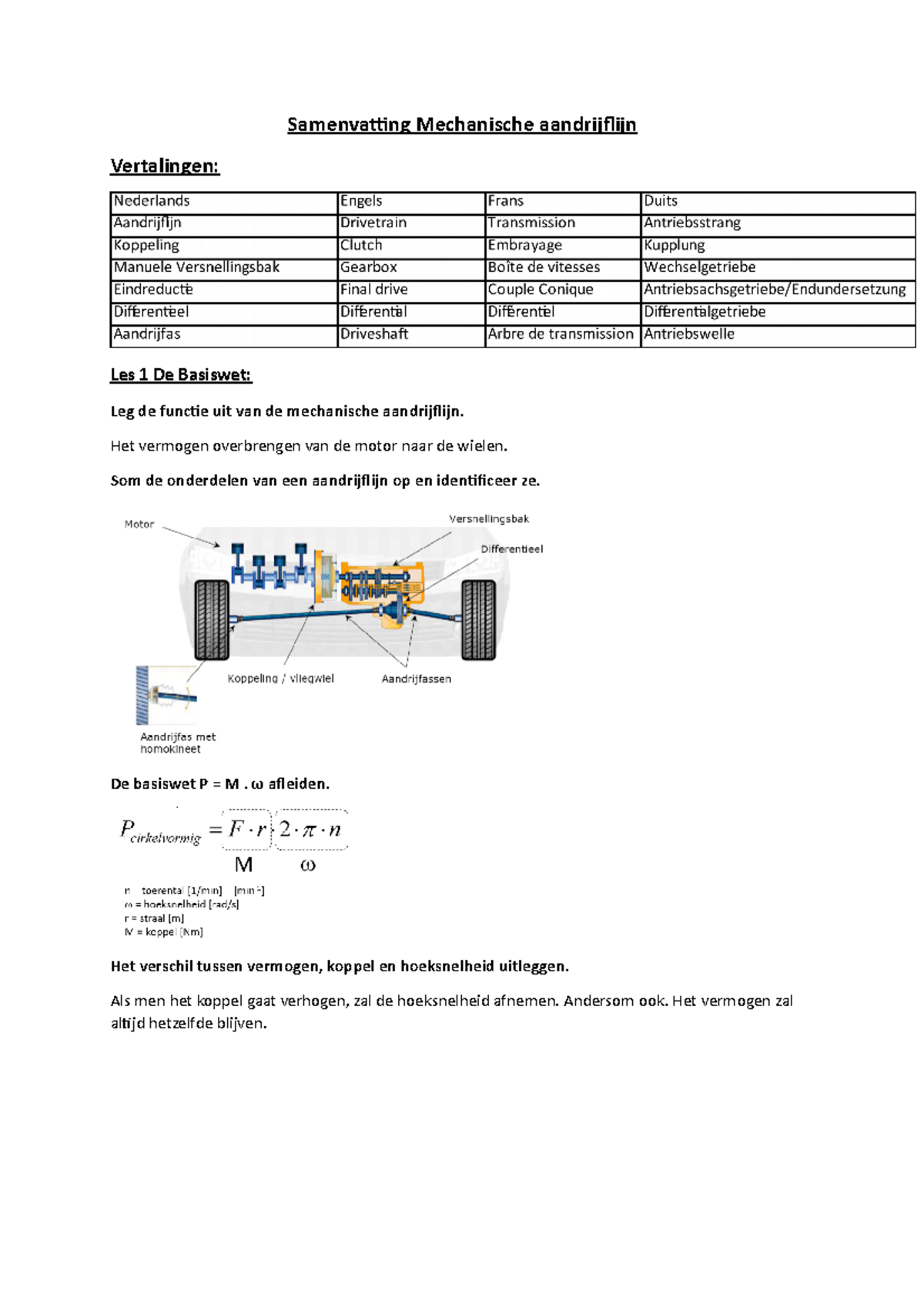 Samenvatting-aandrijflijn - Samenvatting Mechanische Aandrijflijn ...