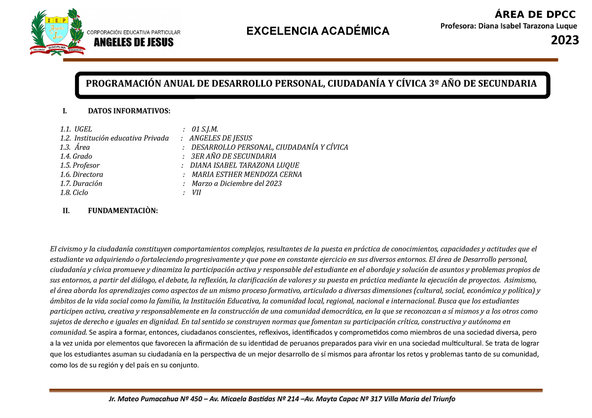 Programación 2023 - DPCC - 3ERO AÑO - I. DATOS INFORMATIVOS: 1. UGEL ...