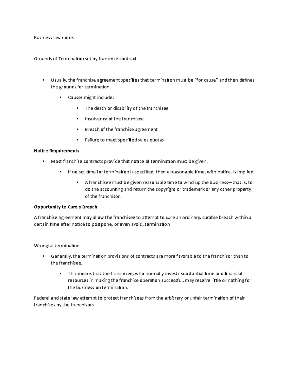Business law notes 8 Franchise Contract agreement and uses Business