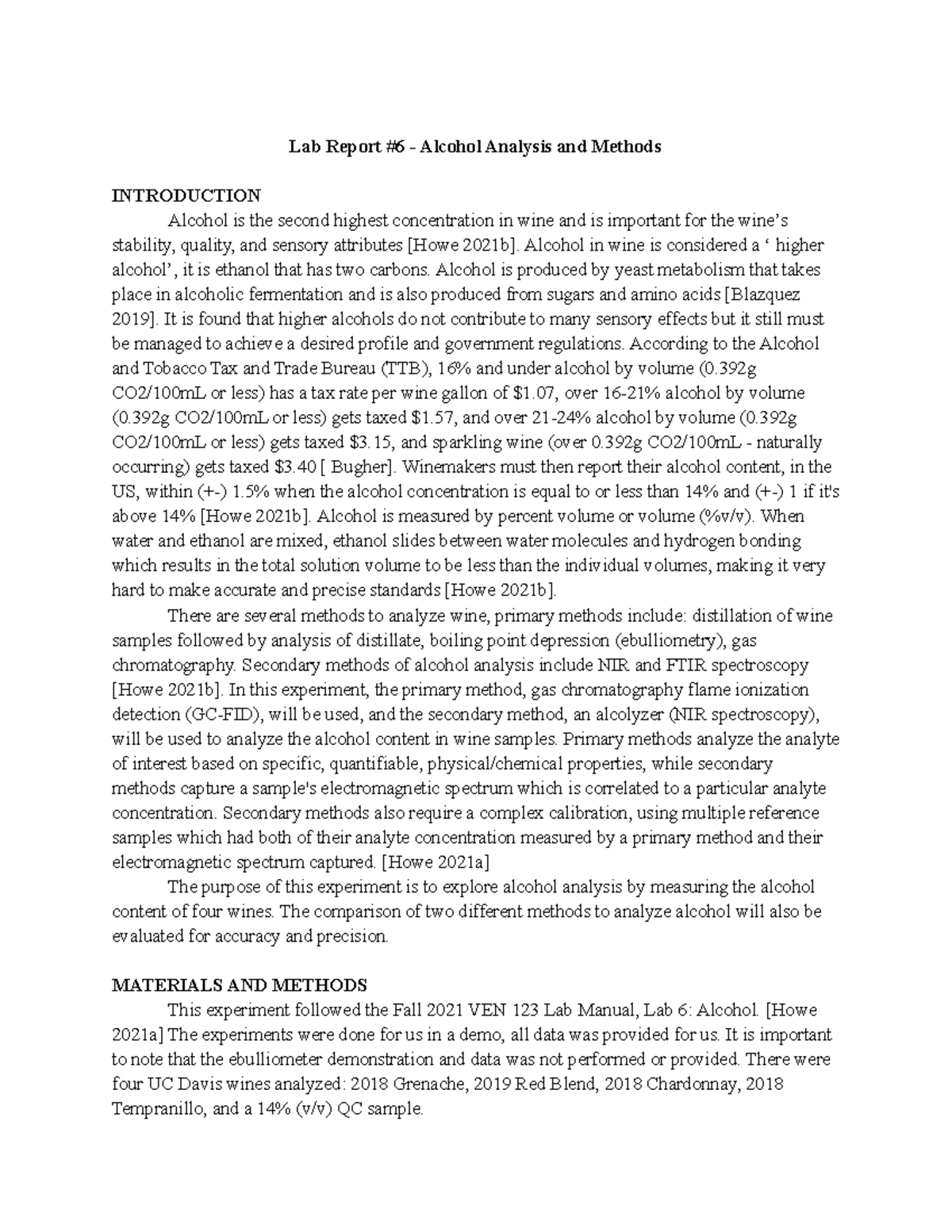 VEN 123L Lab Report 6 Alcohol Lab Report 6 Alcohol Analysis and