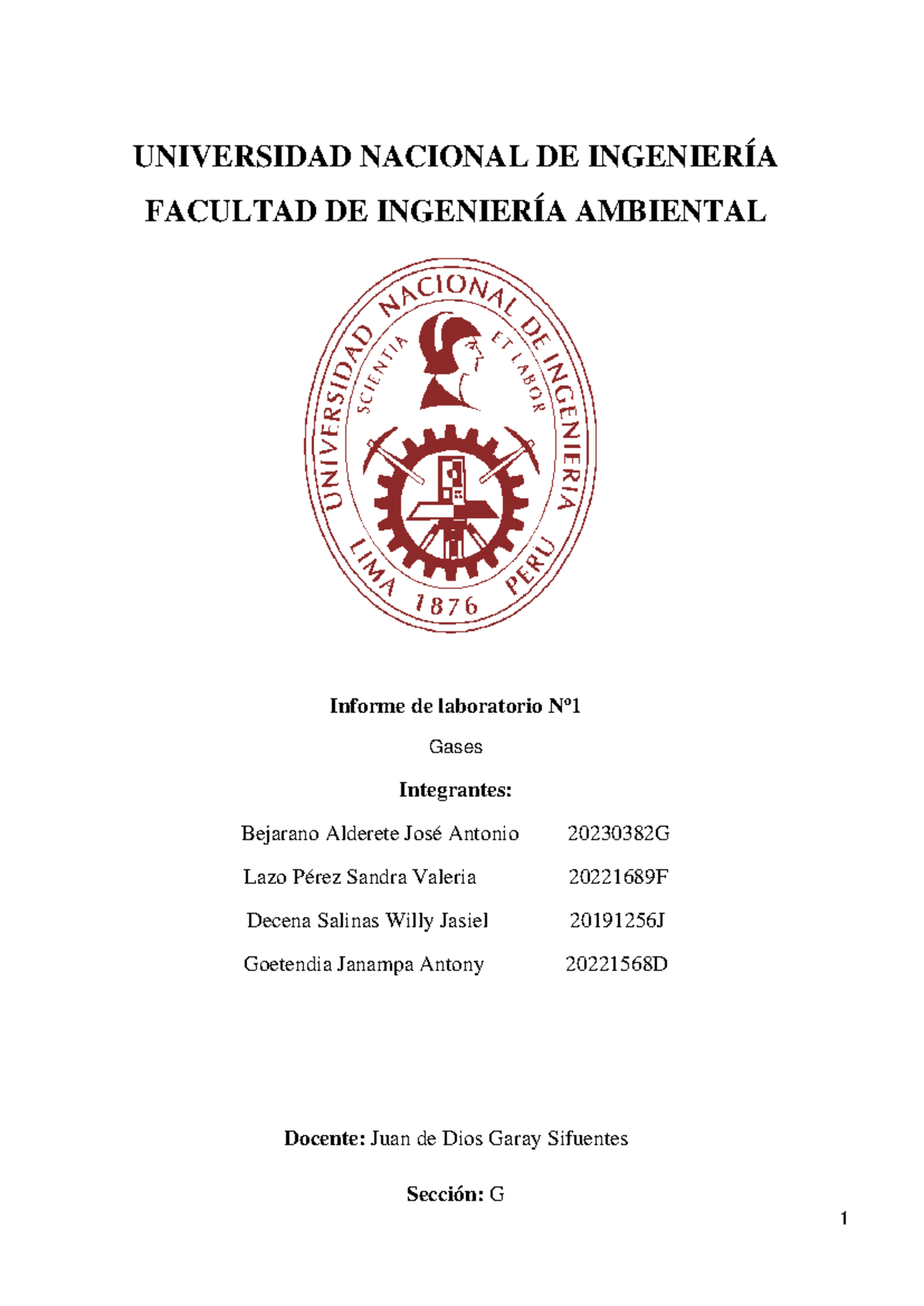 Lab Nº1 Fisicoquímica Universidad Nacional De IngenierÍa Facultad