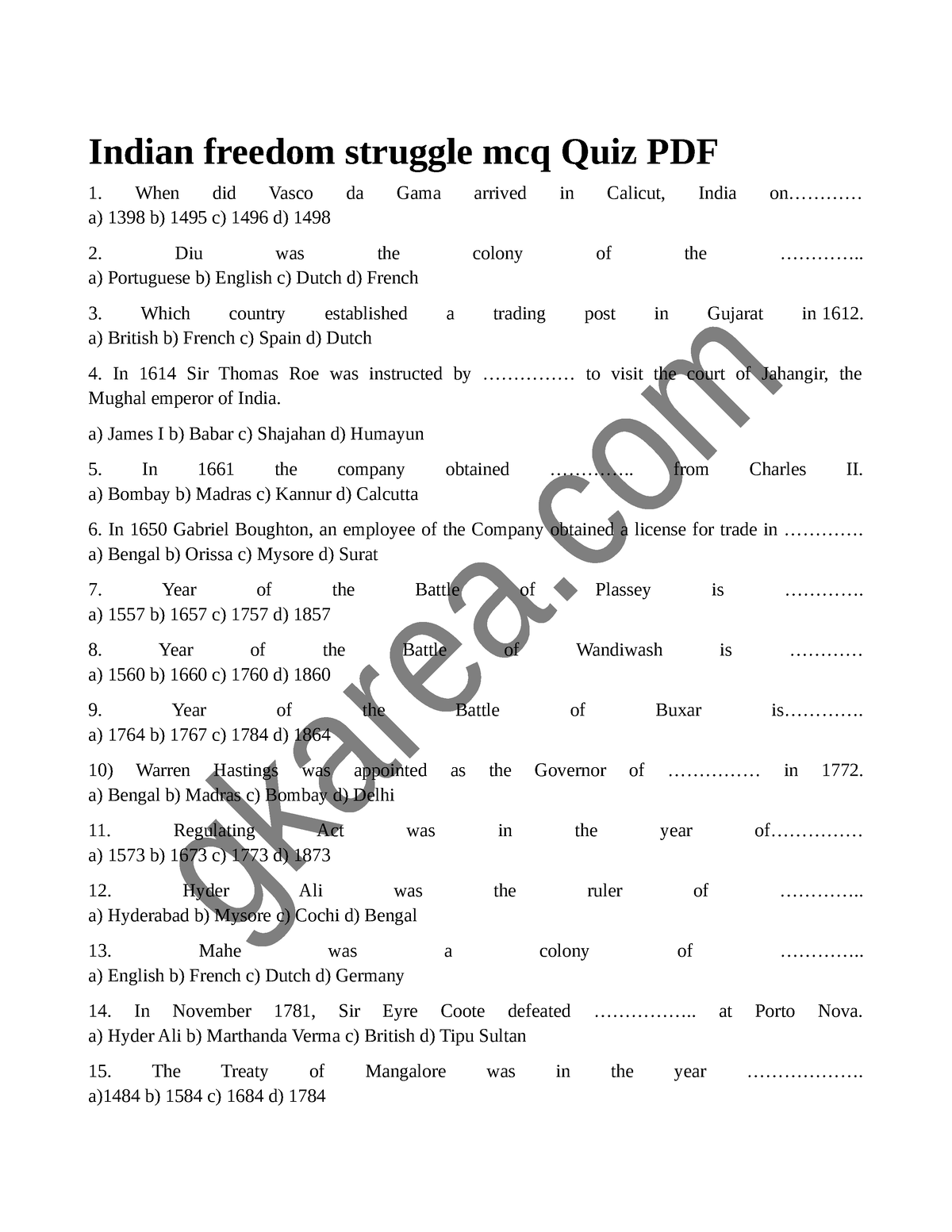 Modern History Mcqs Indian Freedom Struggle Mcq Quiz Pdf When Did Vasco Da Gama Arrived In