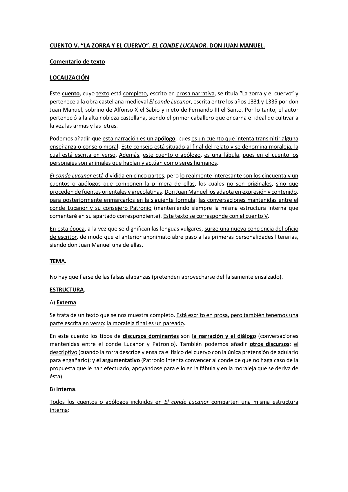 Comentario de texto resuelto. La zorra y el cuervo. El conde Lucanor. Don  Juan Manuel - CUENTO V. - Studocu