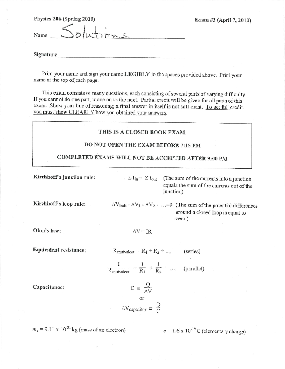 Sample Exam 3 Solution 7 - Physics 206 (Spring 2010) Exam (April 7 ...