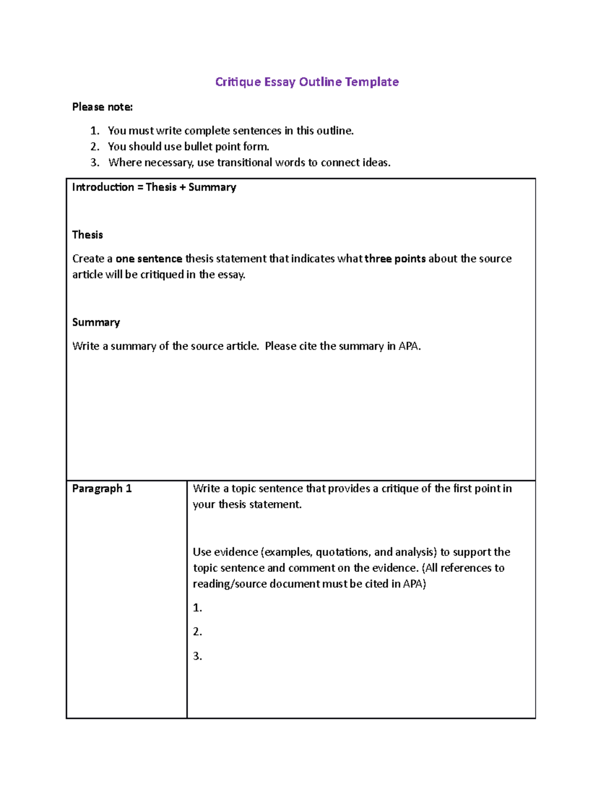 critique essay outline and draft