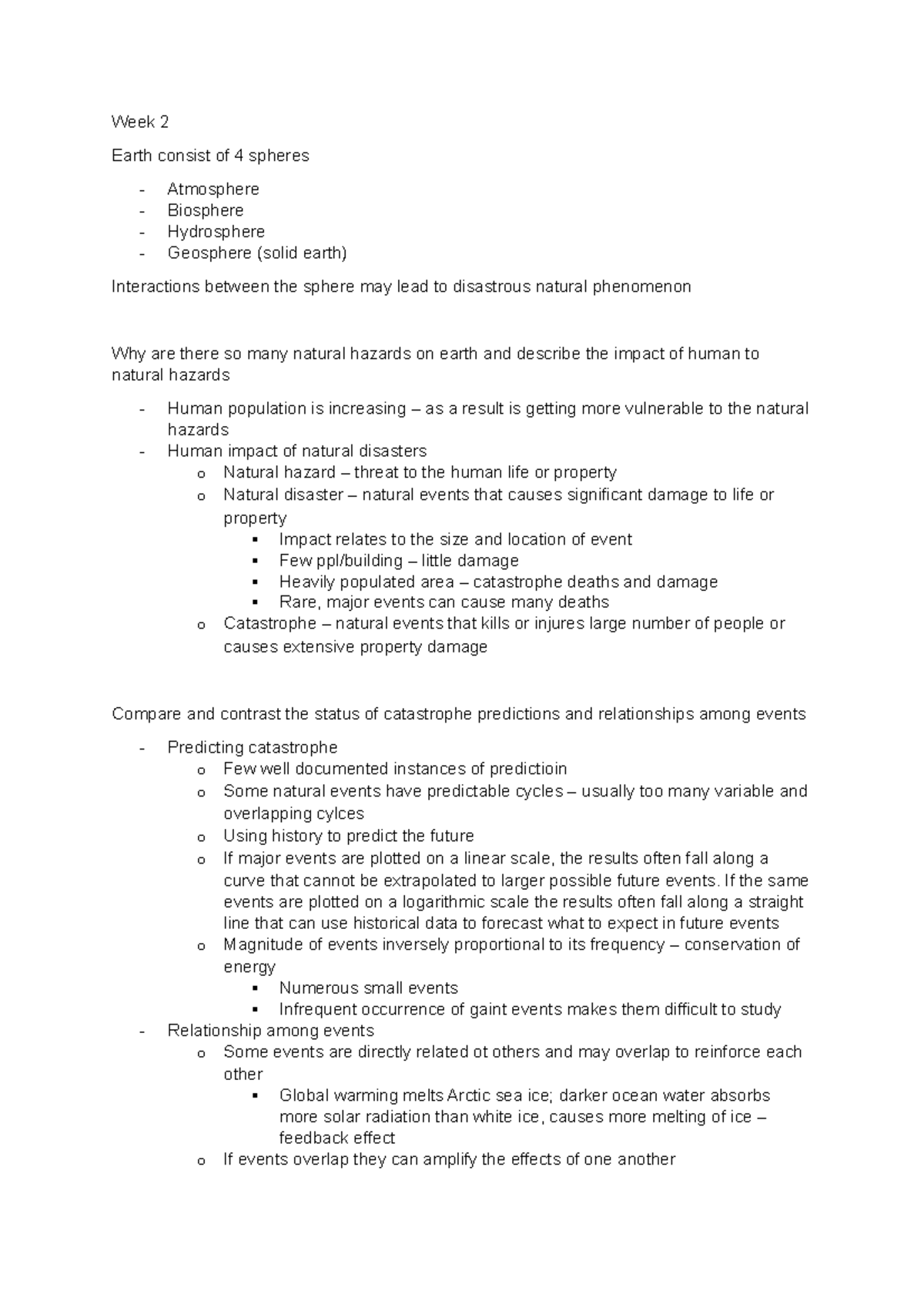 Hazard notes - Week 2 Earth consist of 4 spheres Atmosphere Biosphere ...