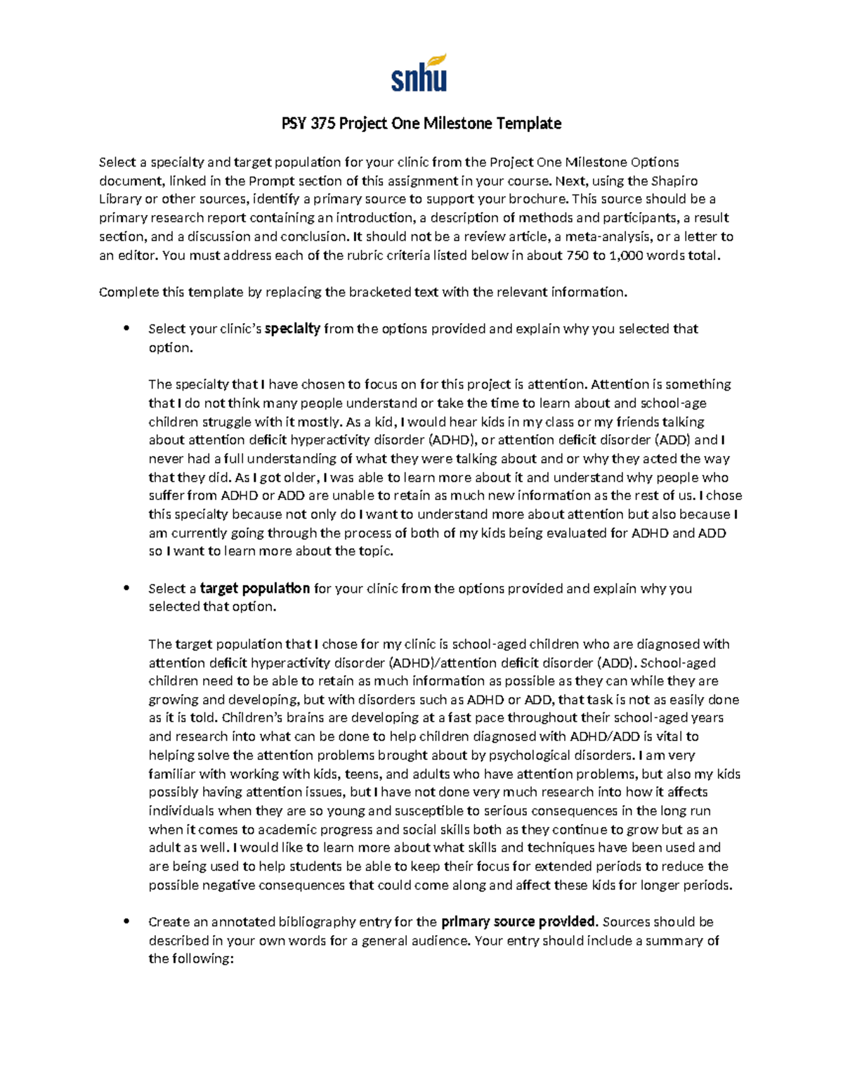 PSY 375 Project One Milestone - Next, using the Shapiro Library or ...