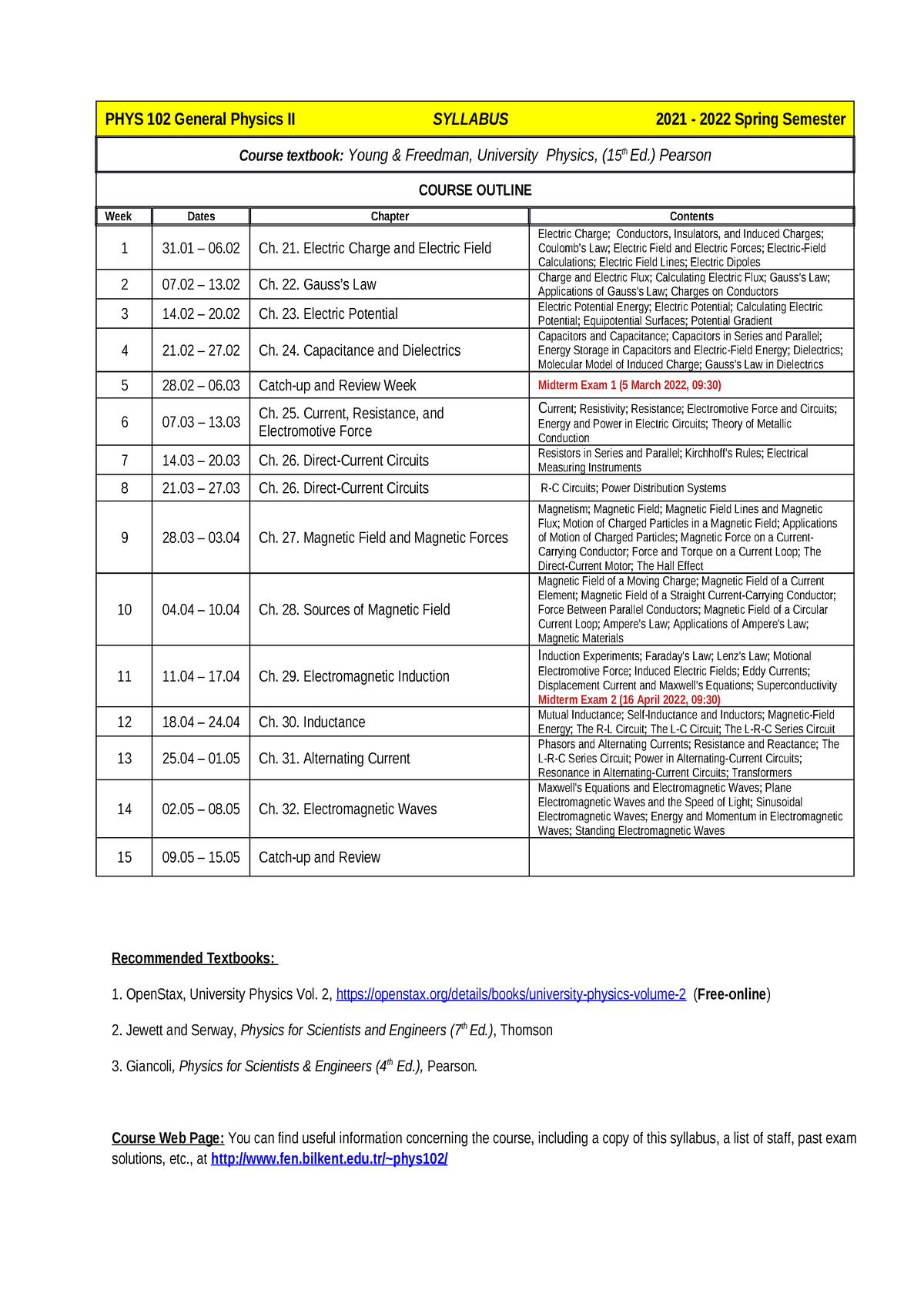 Syllabus Spring 2021-2022 PHYS 102 - PHYS 102 General Physics II ...