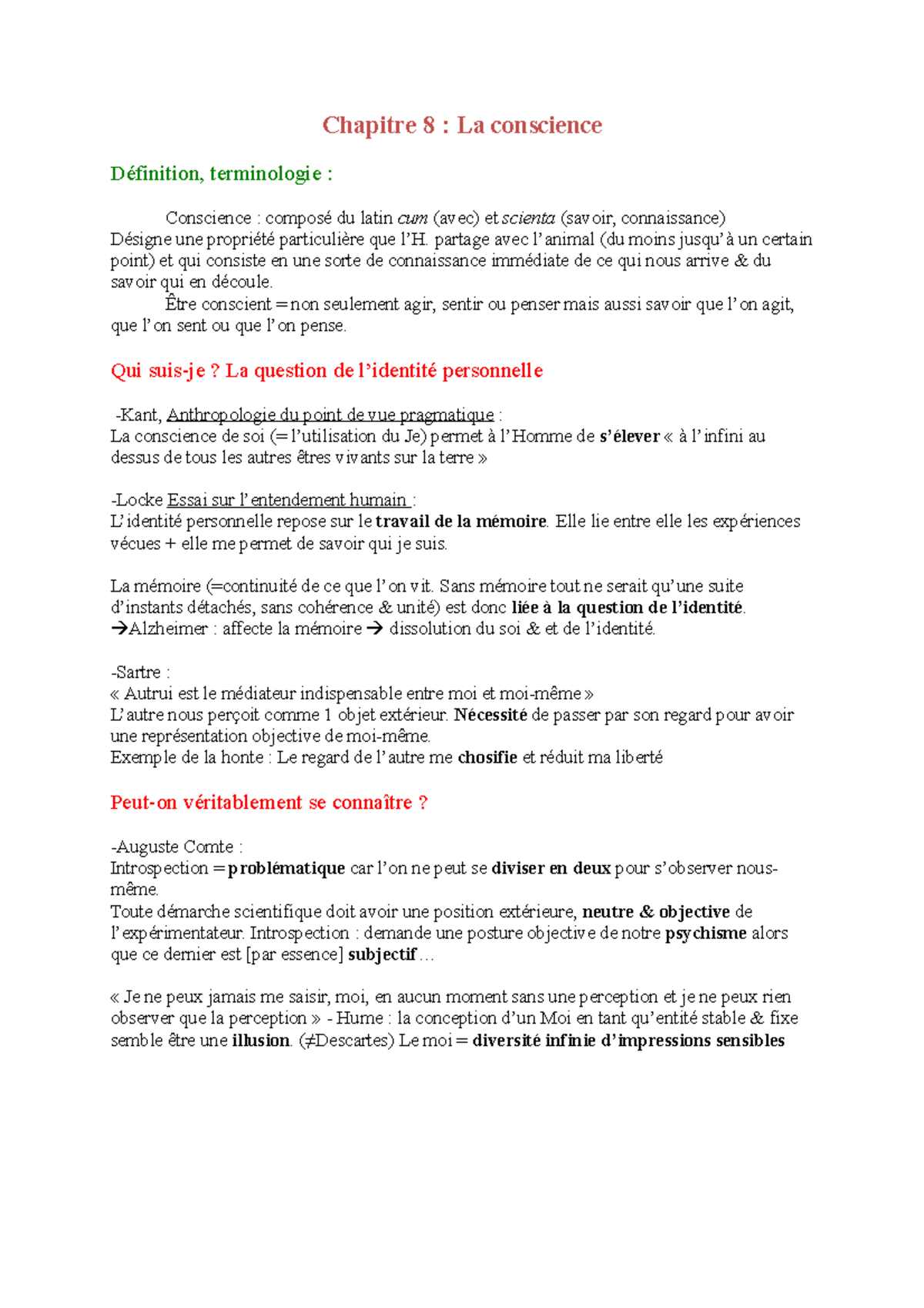 La conscience Chapitre 8 La conscience Définition, terminologie Conscience composé du