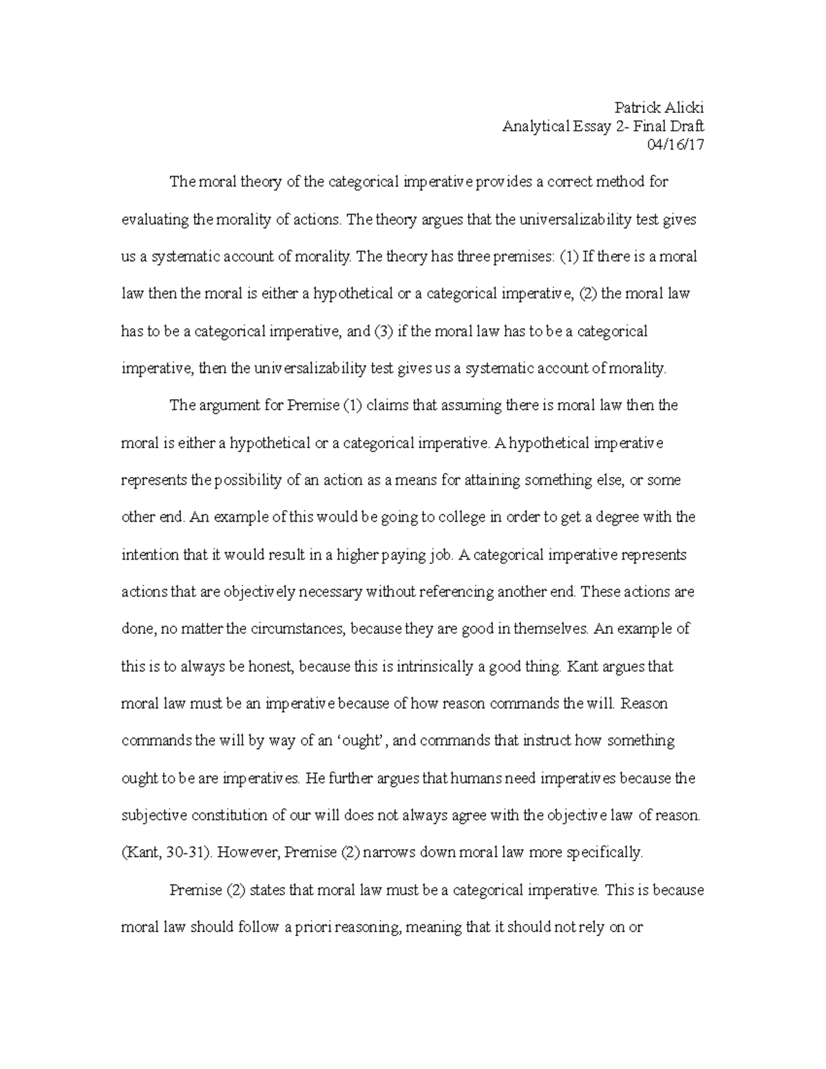 Ethics Analytical Essay 2 Patrick Alicki Analytical Essay 2 Final Draft 04 16 17 The Moral Studocu