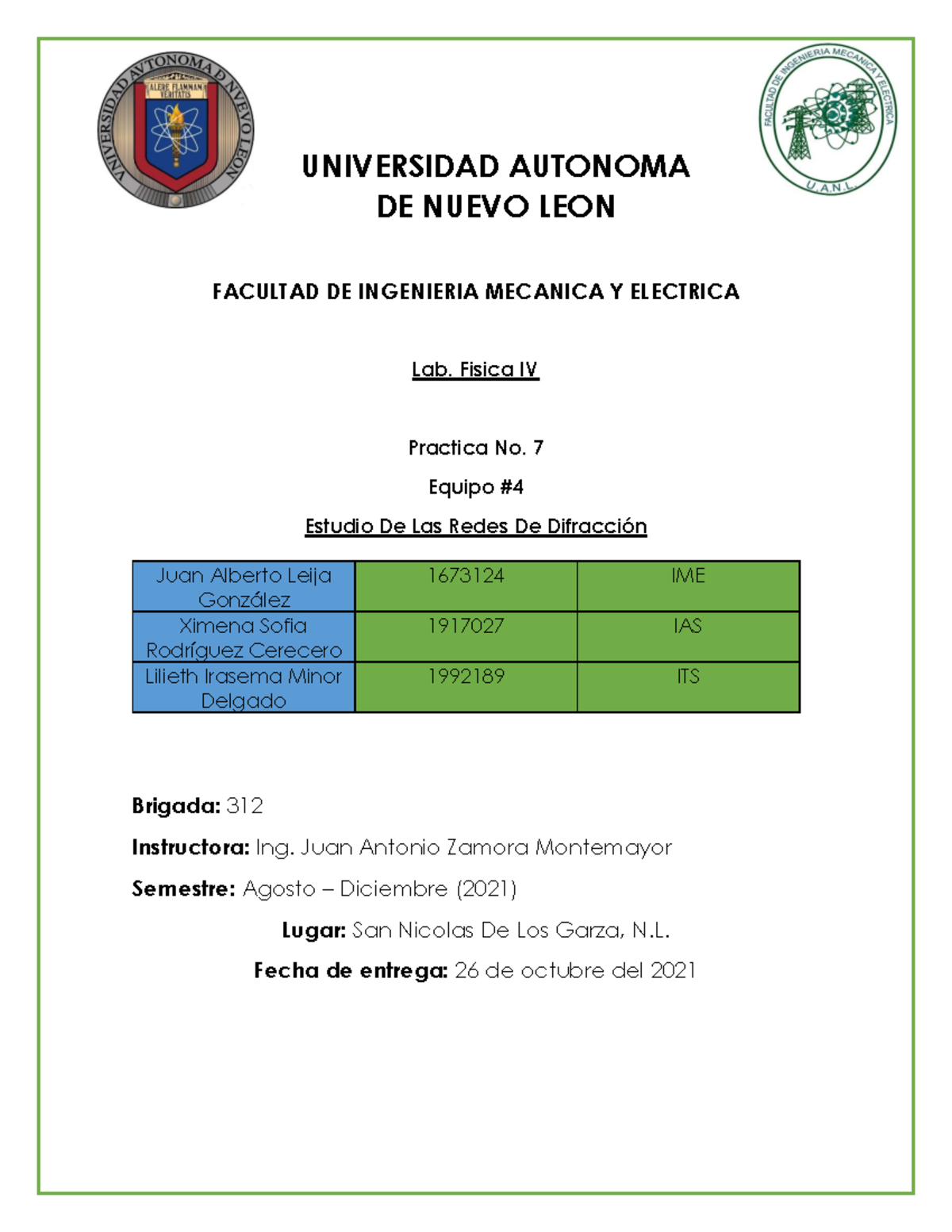 Practica No, 7 Fisica IV - UNIVERSIDAD AUTONOMA DE NUEVO LEON FACULTAD ...