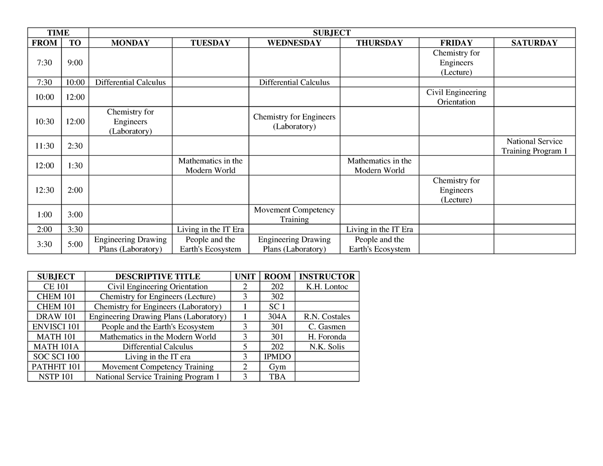 Schedule for college - TIME SUBJECT FROM TO MONDAY TUESDAY WEDNESDAY ...