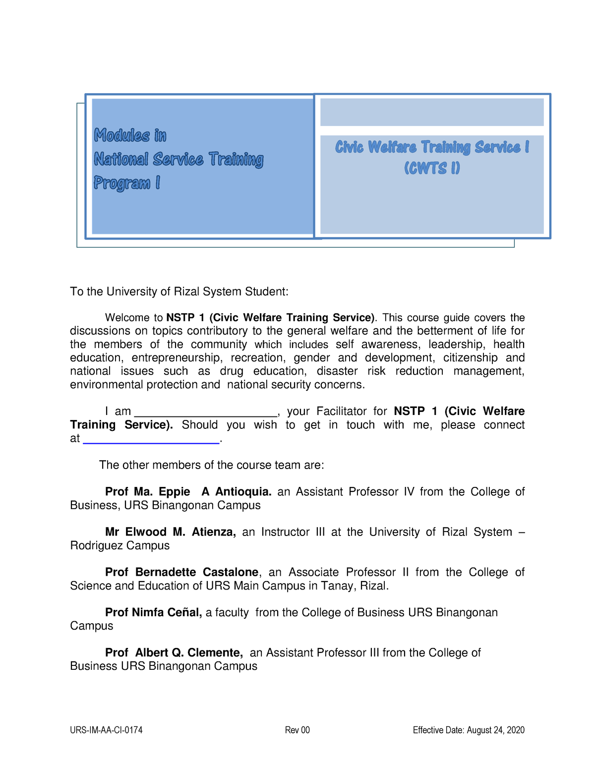 NSTP 1 CWTS Module 1 To 15   To The University Of Rizal System Student