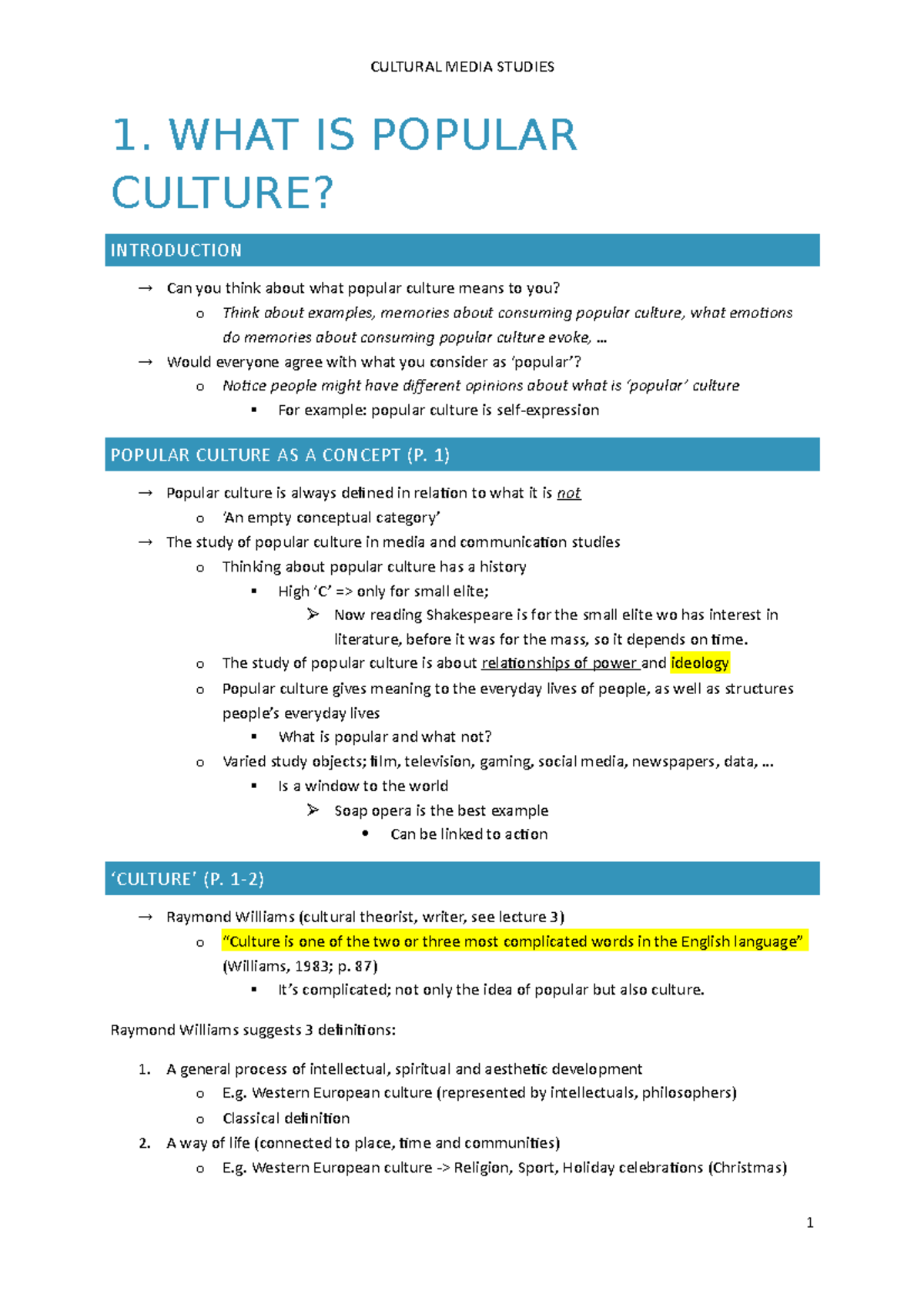1. What is popular culture 1. WHAT IS POPULAR CULTURE? INTRODUCTION