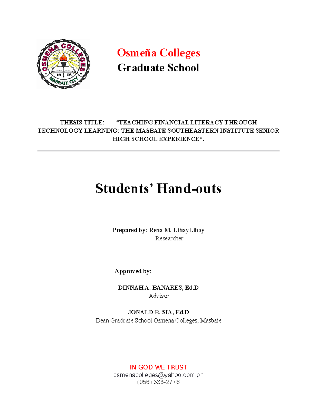 Students' hand-outs - Osmeña Colleges Graduate School THESIS TITLE ...