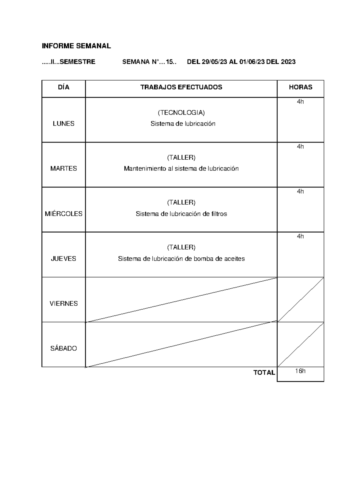 Cuaderno de informe - INFORME SEMANAL .....ll.. SEMANA N°... 15 .. DEL ...