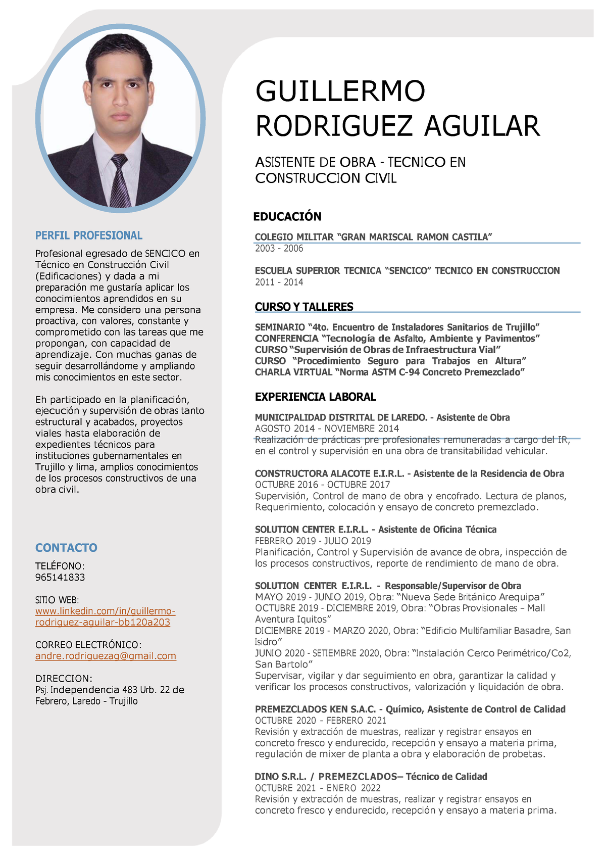 CV PDF - curriculum vitae - GUILLERMO RODRIGUEZ AGUILAR ASISTENTE DE OBRA -  TECNICO EN CONSTRUCCION - Studocu