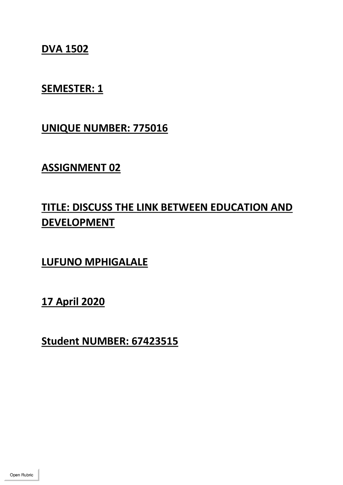 67423515 DVA1502 02 MARK050100 - DVA 1502 SEMESTER: 1 UNIQUE NUMBER ...