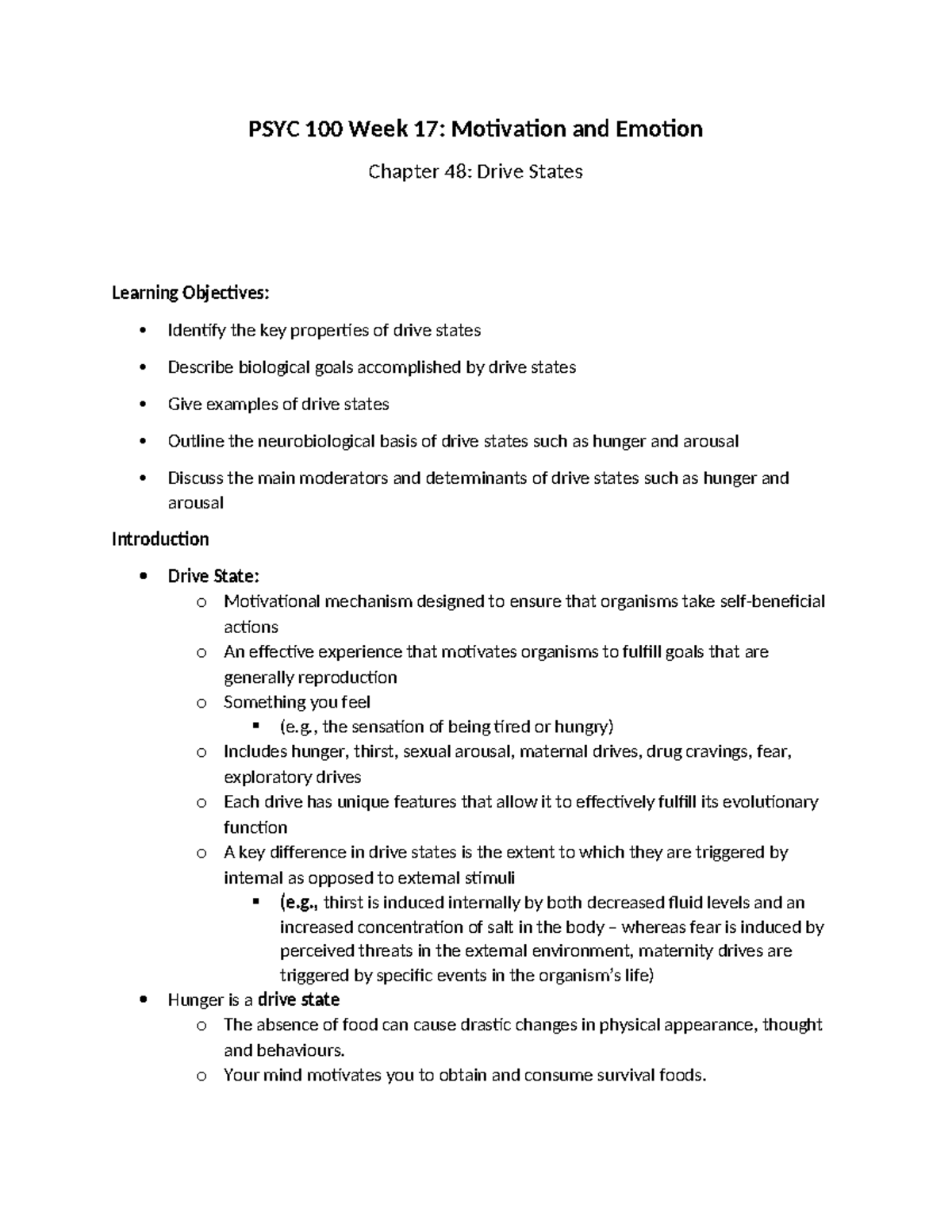 Psyc 100 Week 17 Week 17 Summary Notes Psyc 100 Week 17 Motivation And Emotion Chapter 48