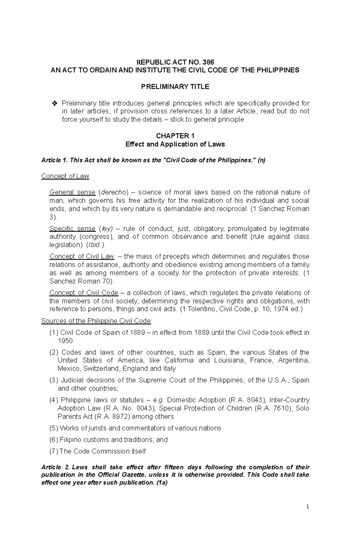 1 Prel. Title Chapter 1 PERSONS AND FAMILY RELATIONS REPUBLIC ACT NO. 386 AN ACT TO ORDAIN AND