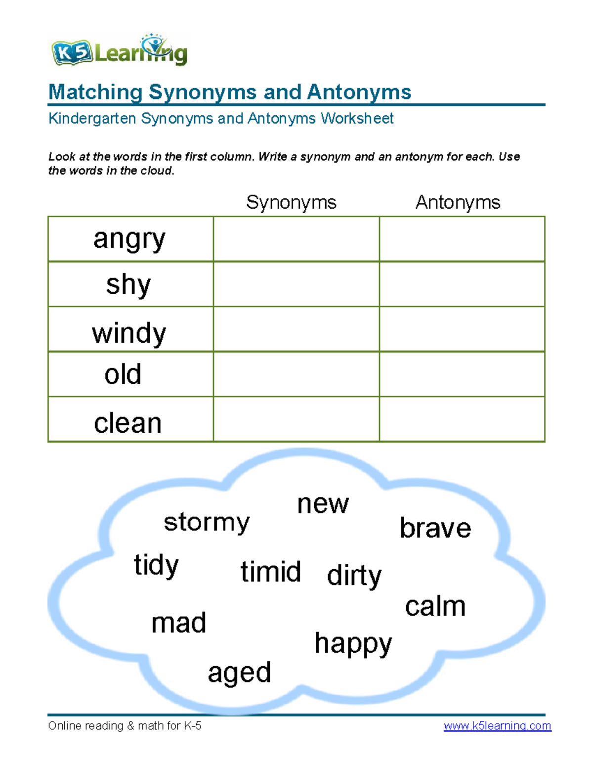 Kindergarten write synonyms antonyms 1 Teacher Education Department