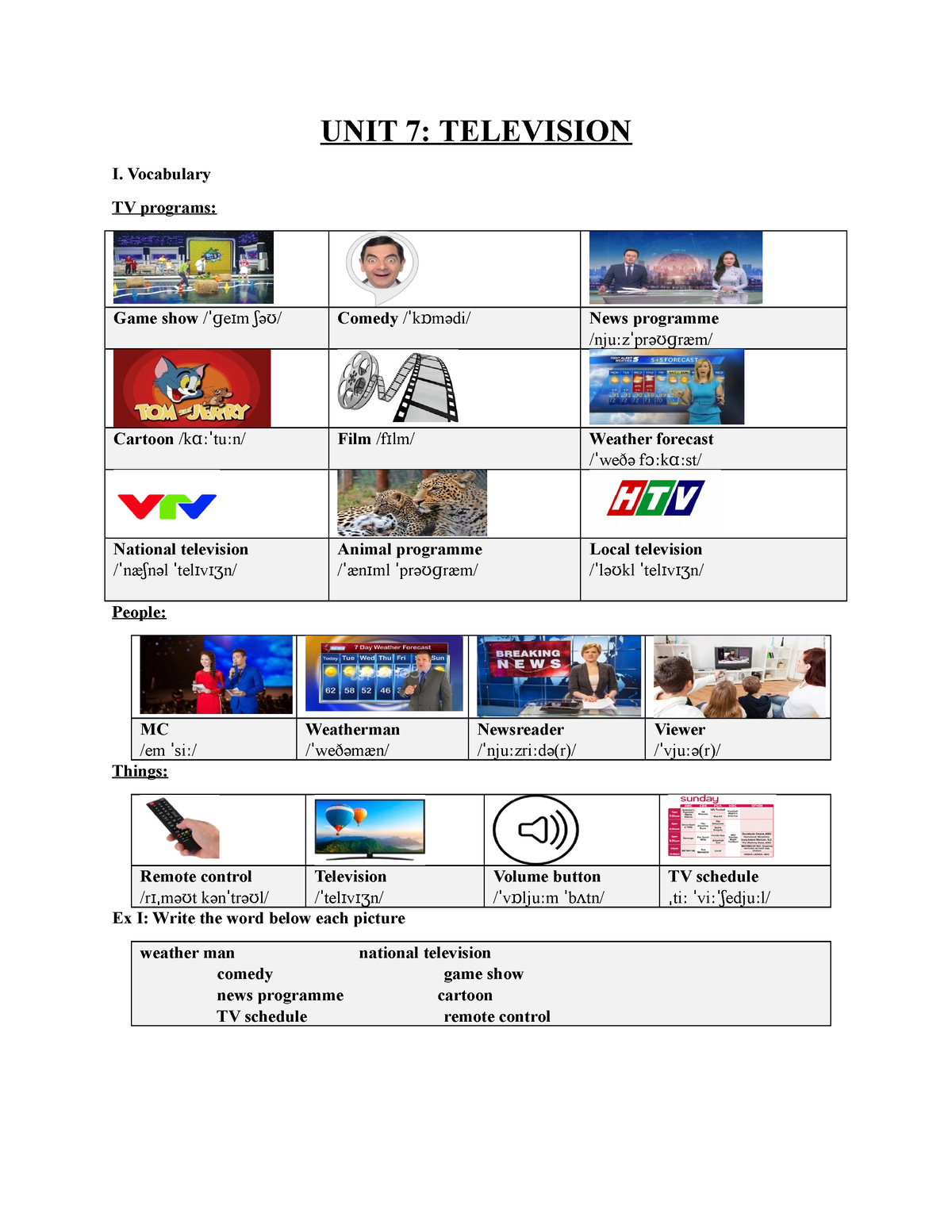 Bài Tập Học Kì 2 - UNIT 7 - UNIT 7: TELEVISION I. Vocabulary TV ...