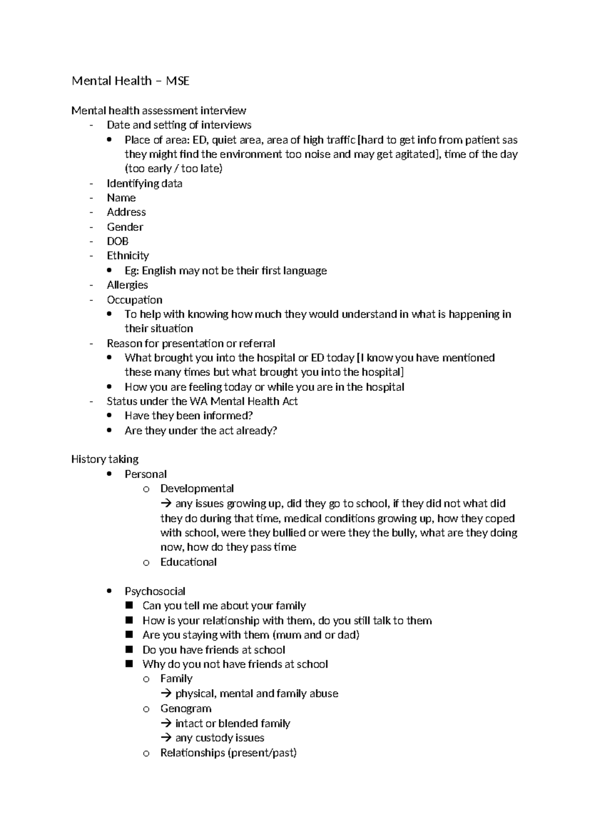 Mental Health MSE - MSE - Mental Health – MSE Mental health assessment ...