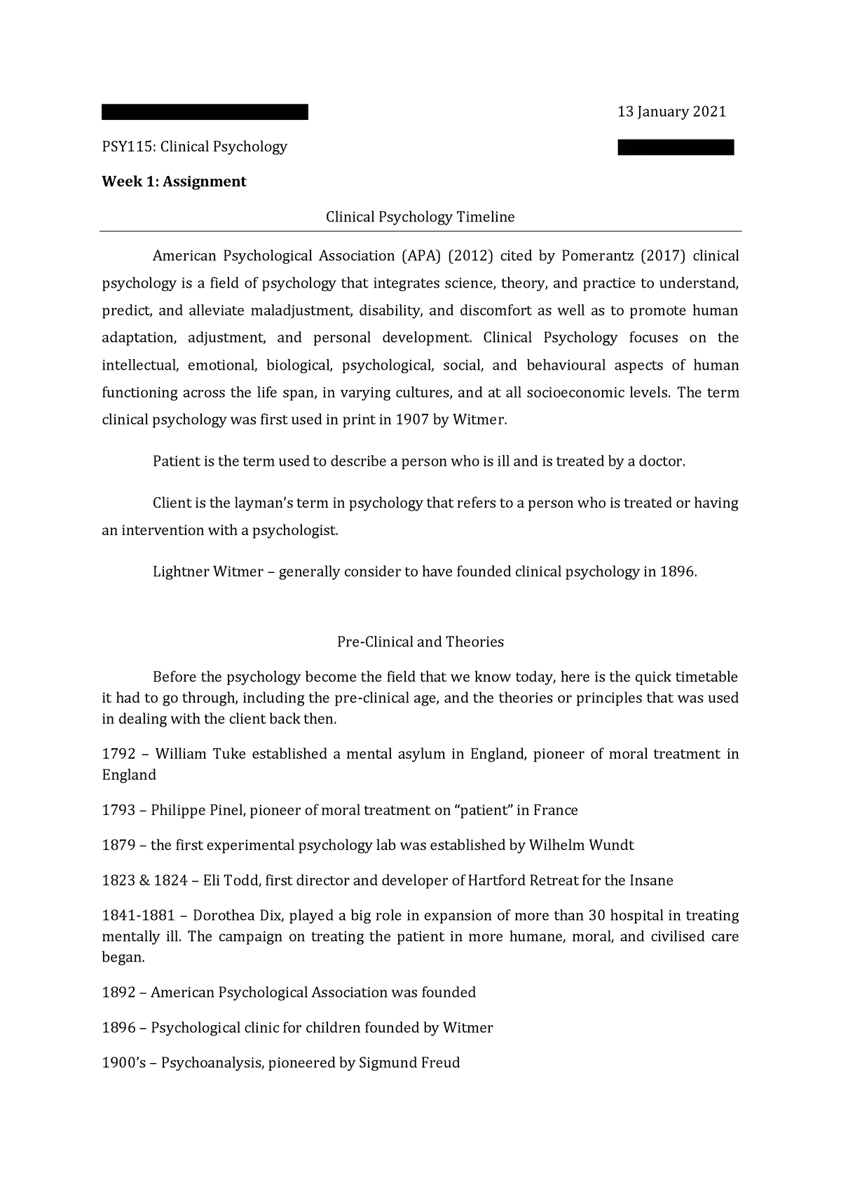 Clinical Psychology Timeline - 201930153 – David, Francis D. 13 January ...