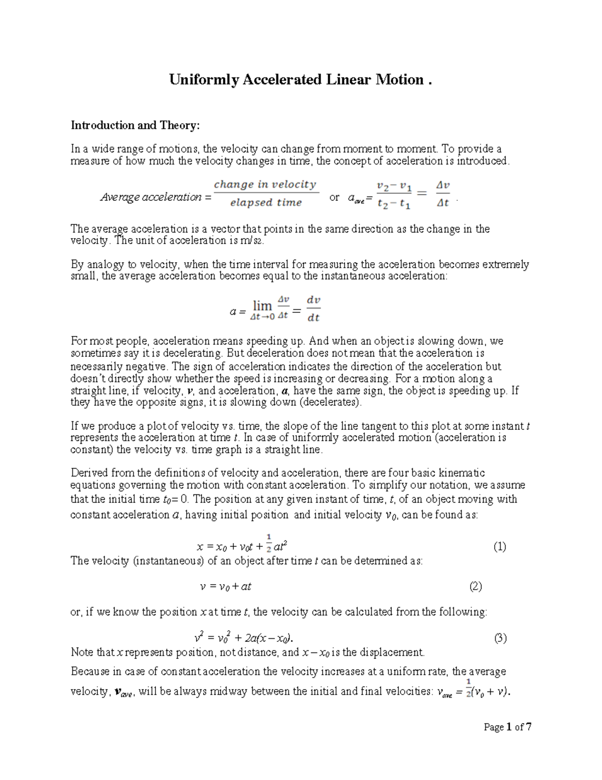 Lab Manual uniformly acceleration motion1 Uniformly Accelerated