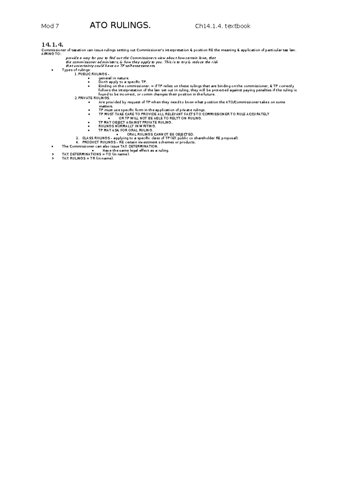 M7 ATO rulings Textbook ch 14.1.4 - Mod 7 ATO RULINGS. Ch14.1. textbook