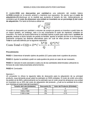 1 Modelo EOQ CON Descuento POR Cantidad - MODELO EOQ CON DESCUENTO POR  CANTIDAD El modelo EOQ con - Studocu