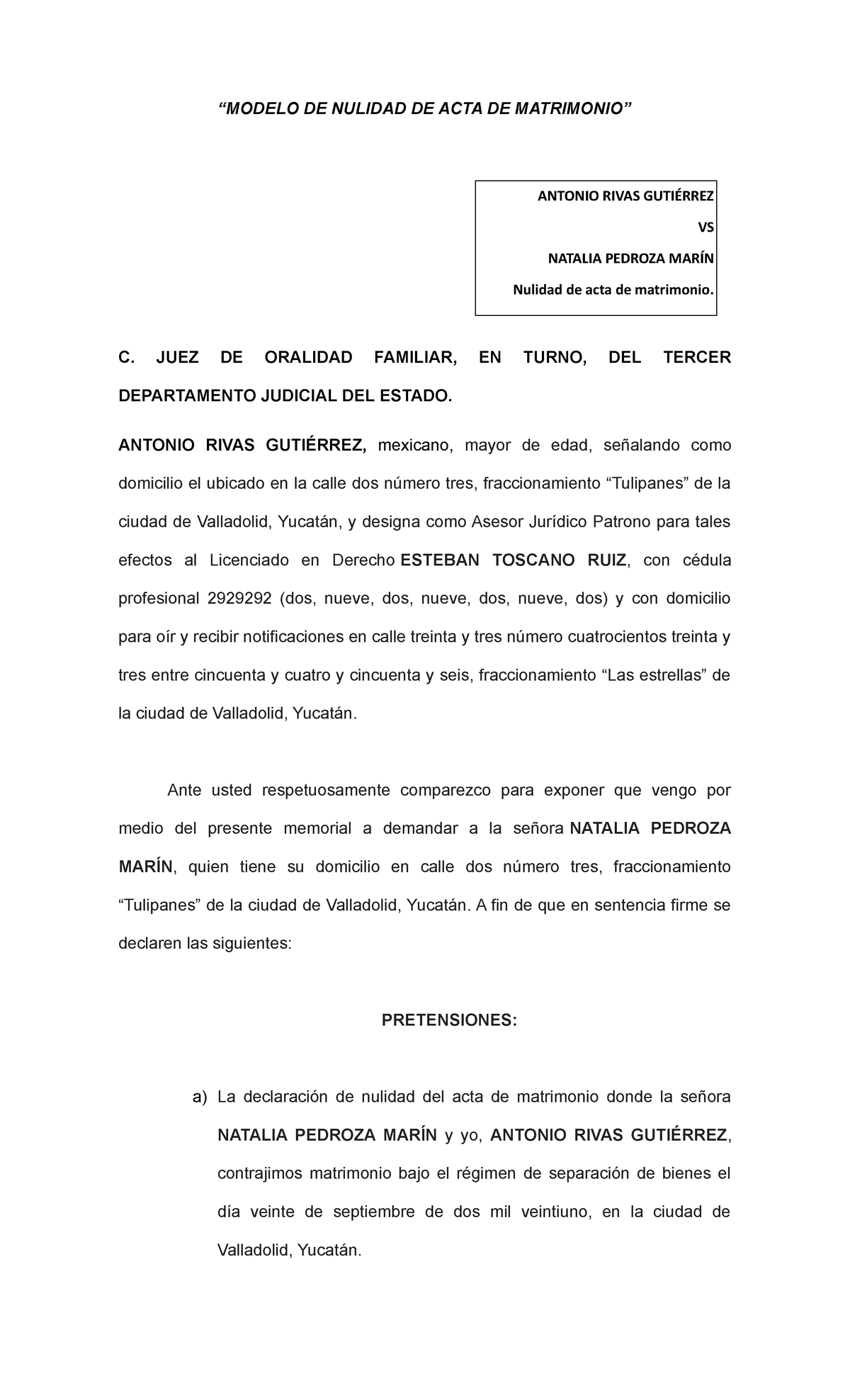 Nulidad De Acta De Matrimonio “modelo De Nulidad De Acta De