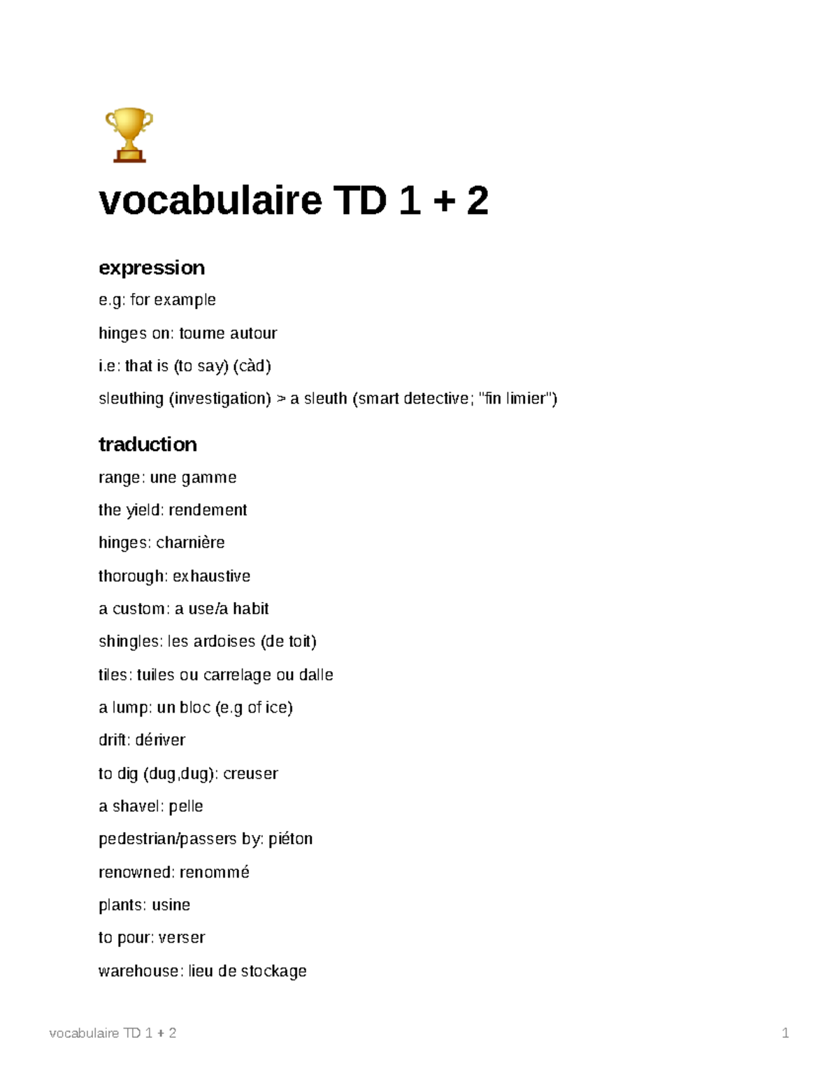 Vocabulaire TD 1 et 2 L1 CBSVT niveau avancé vocabulaire TD 1 + 2 1 🏆 vocabulaire TD 1 + 2