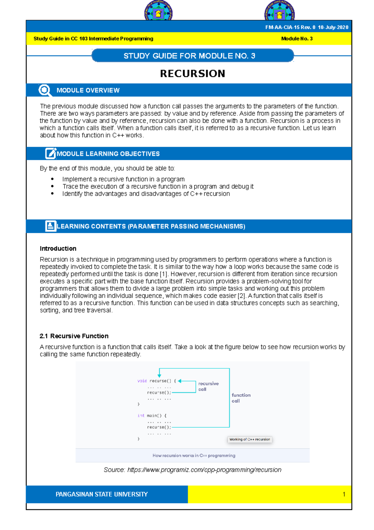 CC103-MOD3 Programming about C++ - RECURSION MODULE OVERVIEW The ...