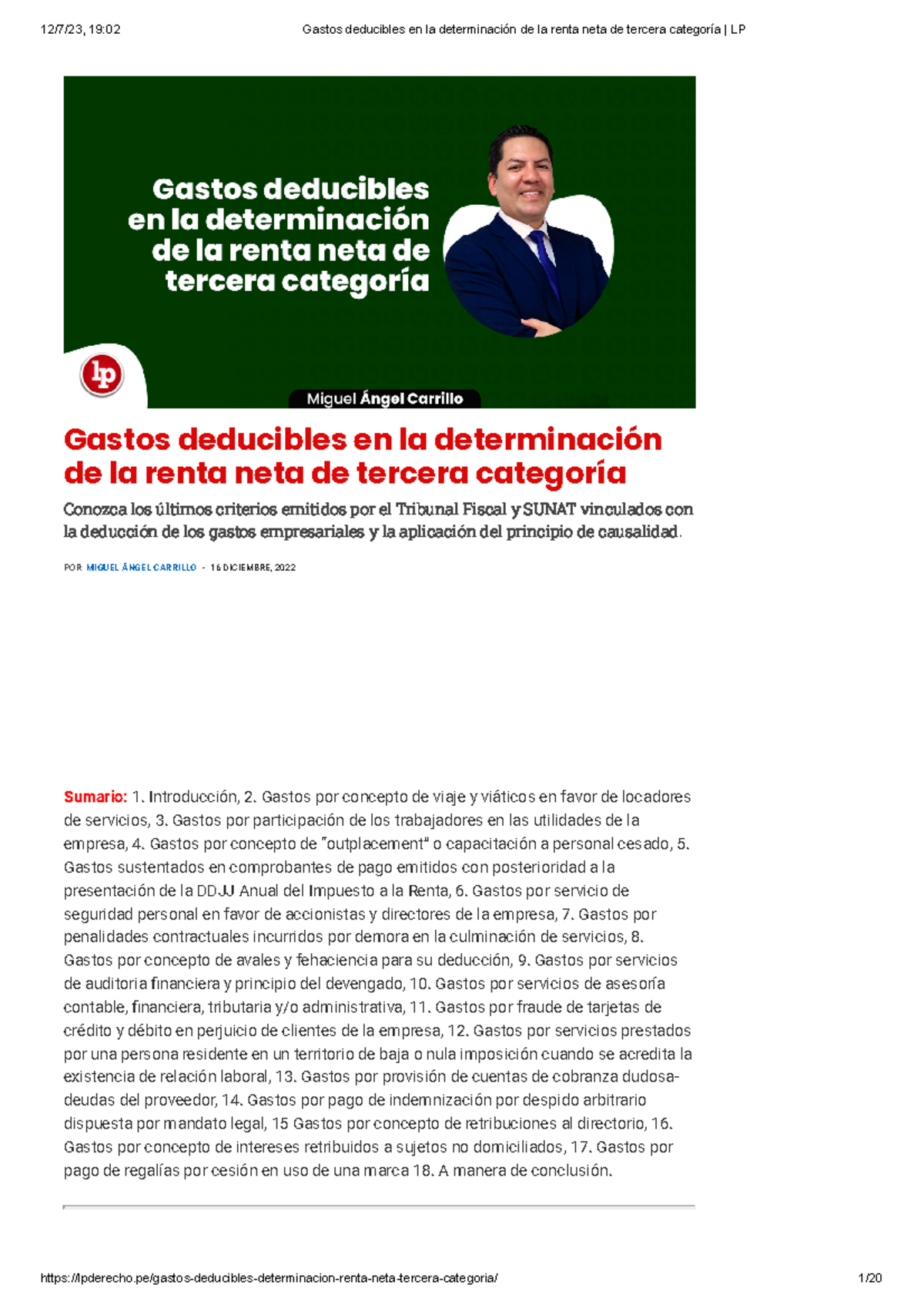 Gastos deducibles en la determinación de la renta neta de tercera ...