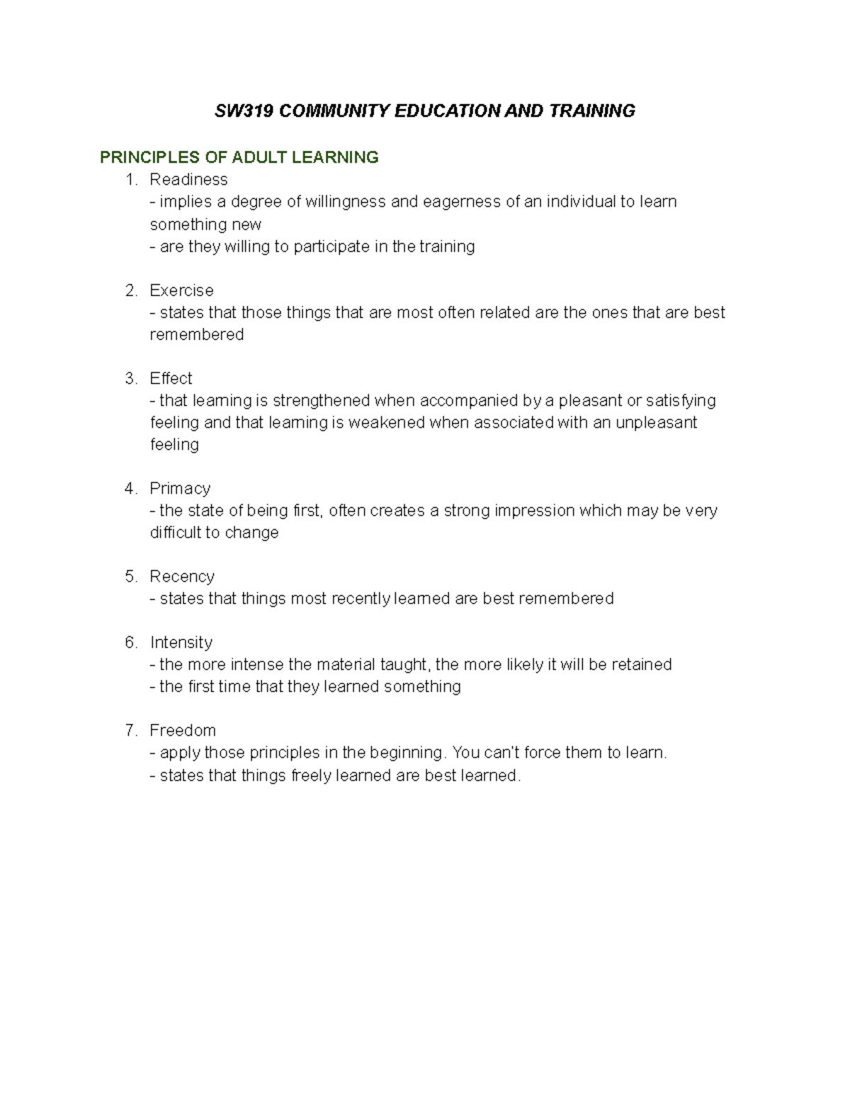 SW319- Principles of Adult Learning - SW319 COMMUNITY EDUCATION AND ...