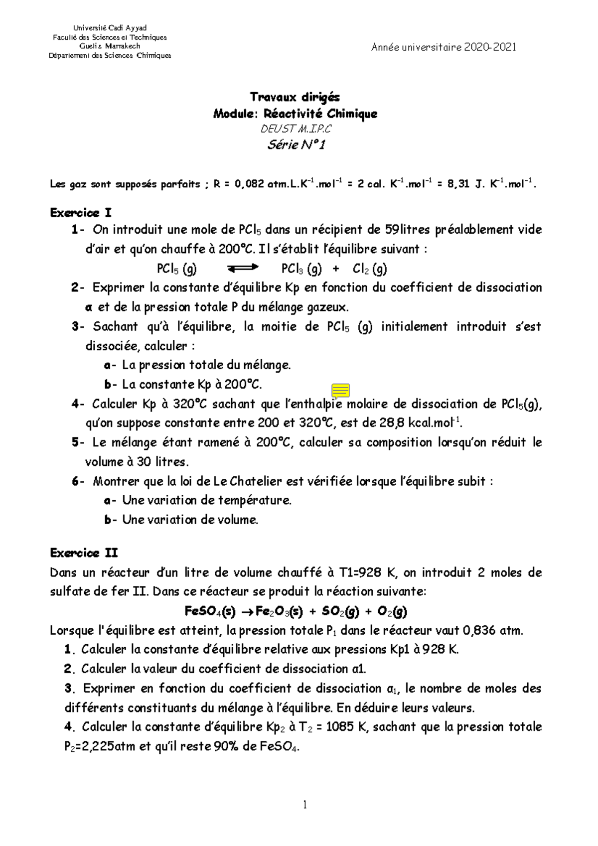 TD 1 - Exercices Et Cours Chimie - 1 Année Universitaire 2020- Travaux ...